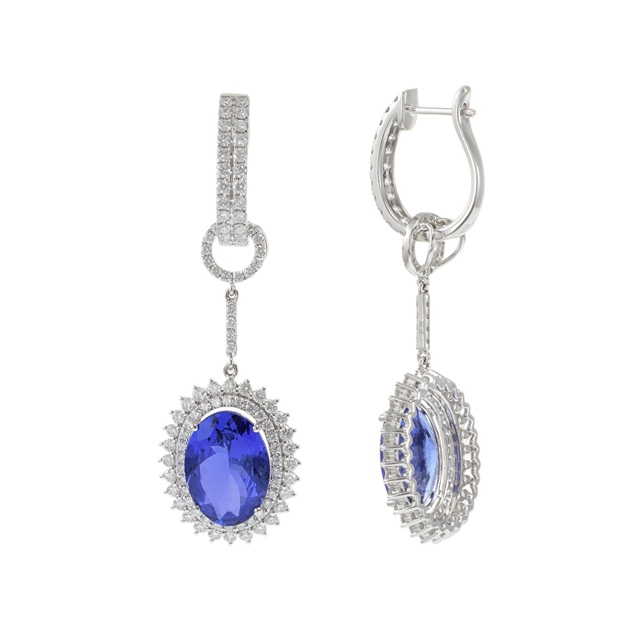 Boucles d'oreilles pendantes en or blanc 18KT Tanzanite ovale et diamant Neuf - En vente à New York, NY
