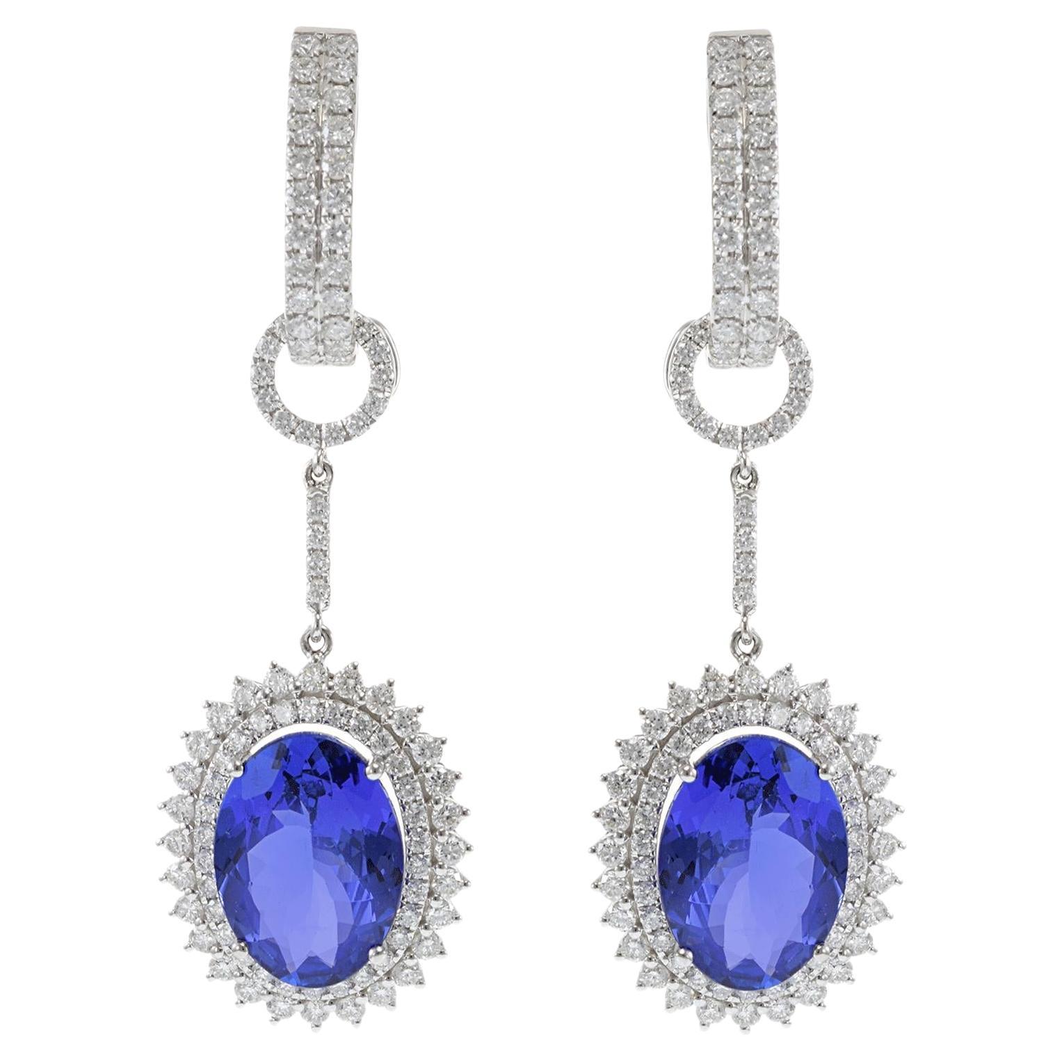 Boucles d'oreilles pendantes en or blanc 18KT Tanzanite ovale et diamant