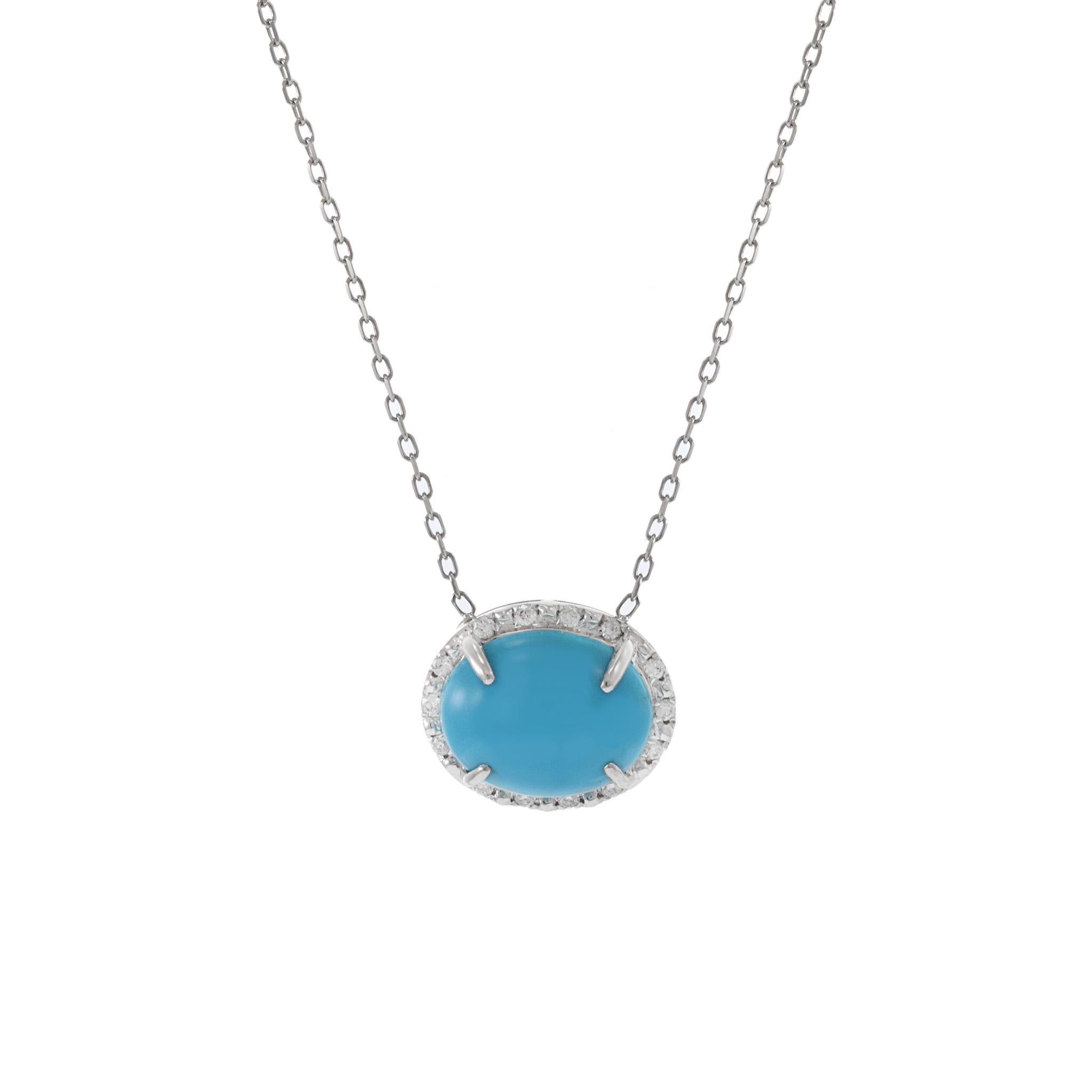 Exquisitely crafted with 18KT white gold, the oval turquoise and diamond necklace radiates luxury and elegance. With its lustrous design, this piece is perfect for any special occasion, or for making a chic statement on a regular day. Length 16