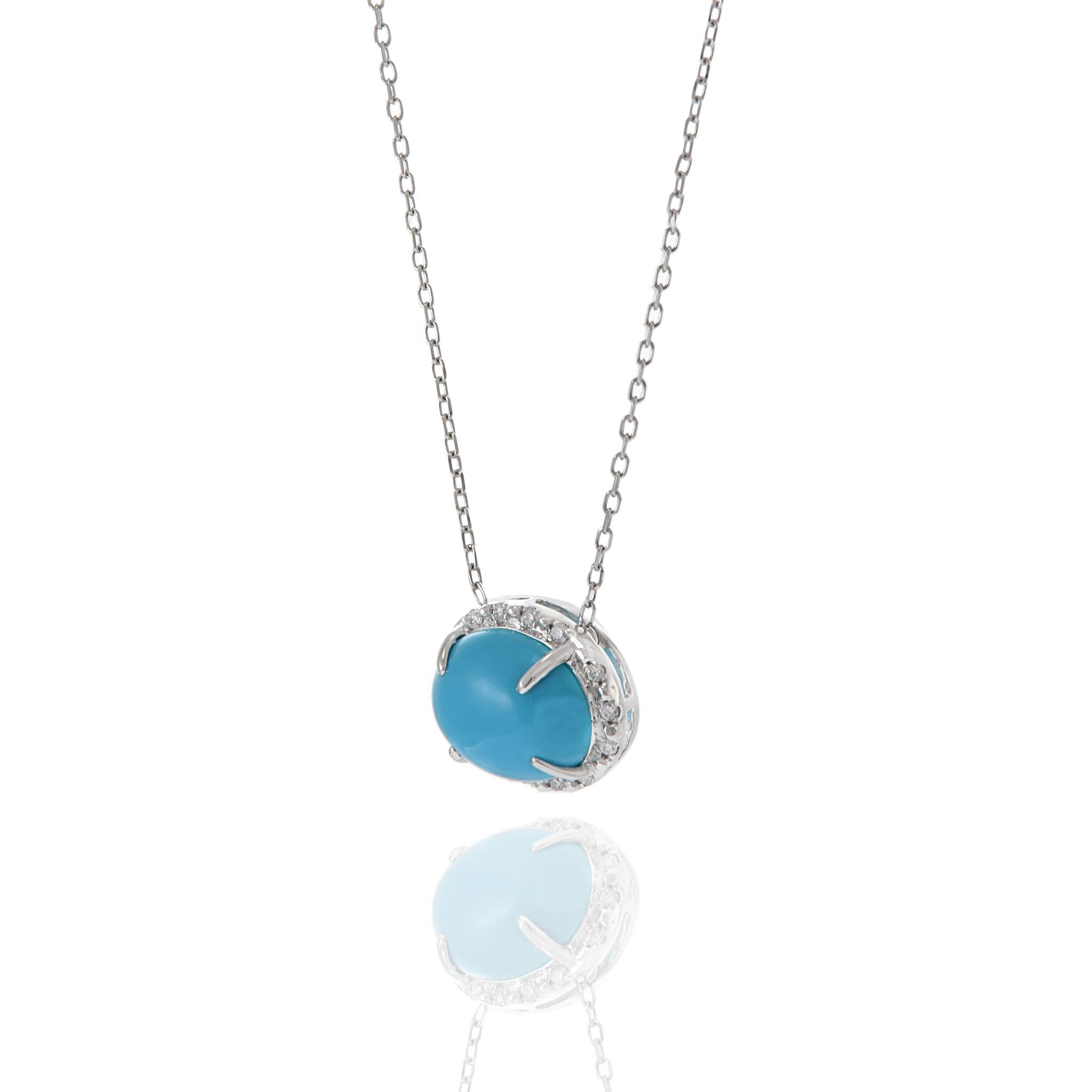 Oval Cut 18KT White Gold Oval Turquoise And Diamond Necklace