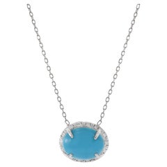 18KT White Gold Oval Turquoise And Diamond Necklace