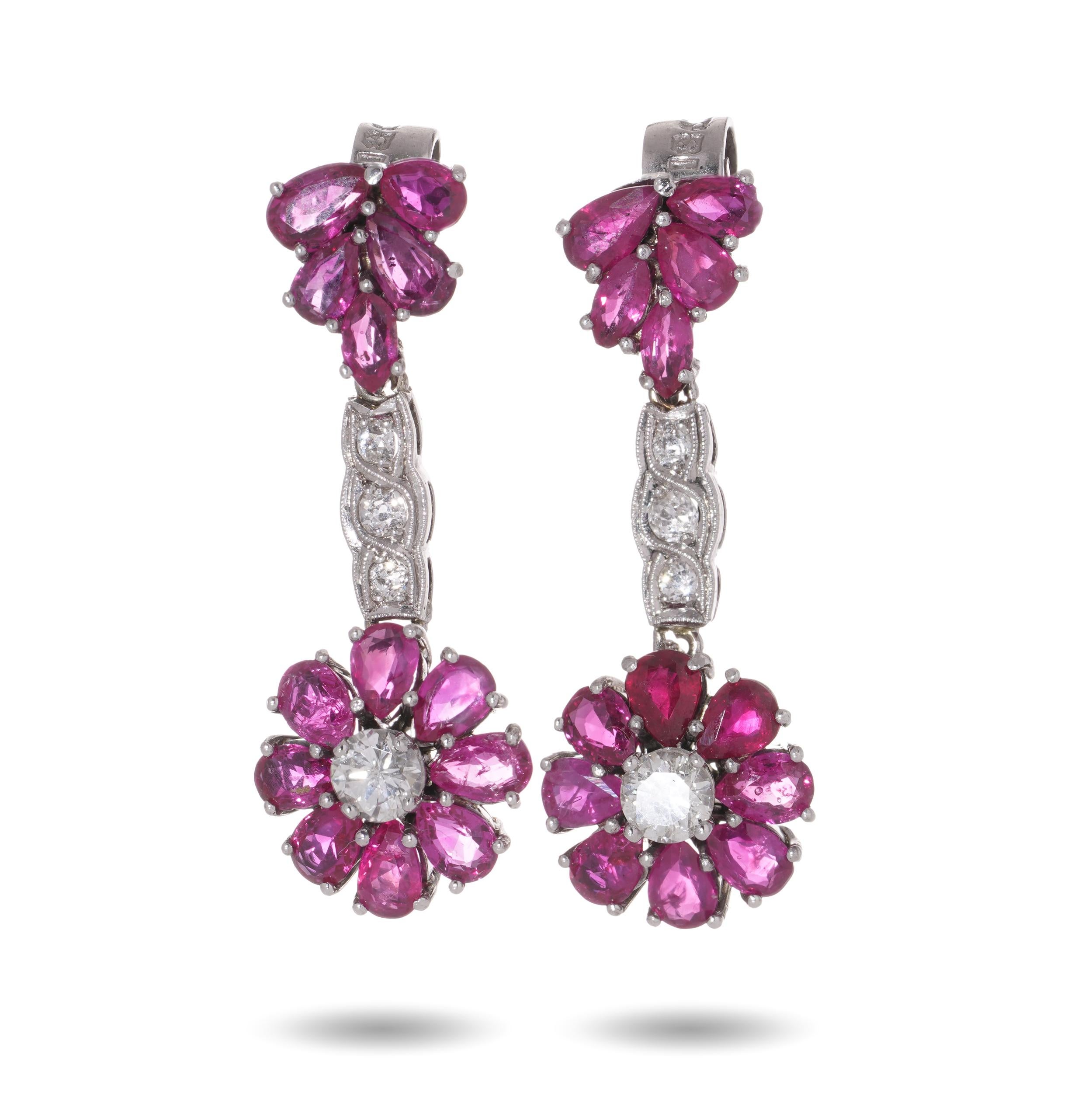 Brilliant Cut 18kt. white gold pair of drop earrings with 2.60 cts of rubies and diamonds  For Sale