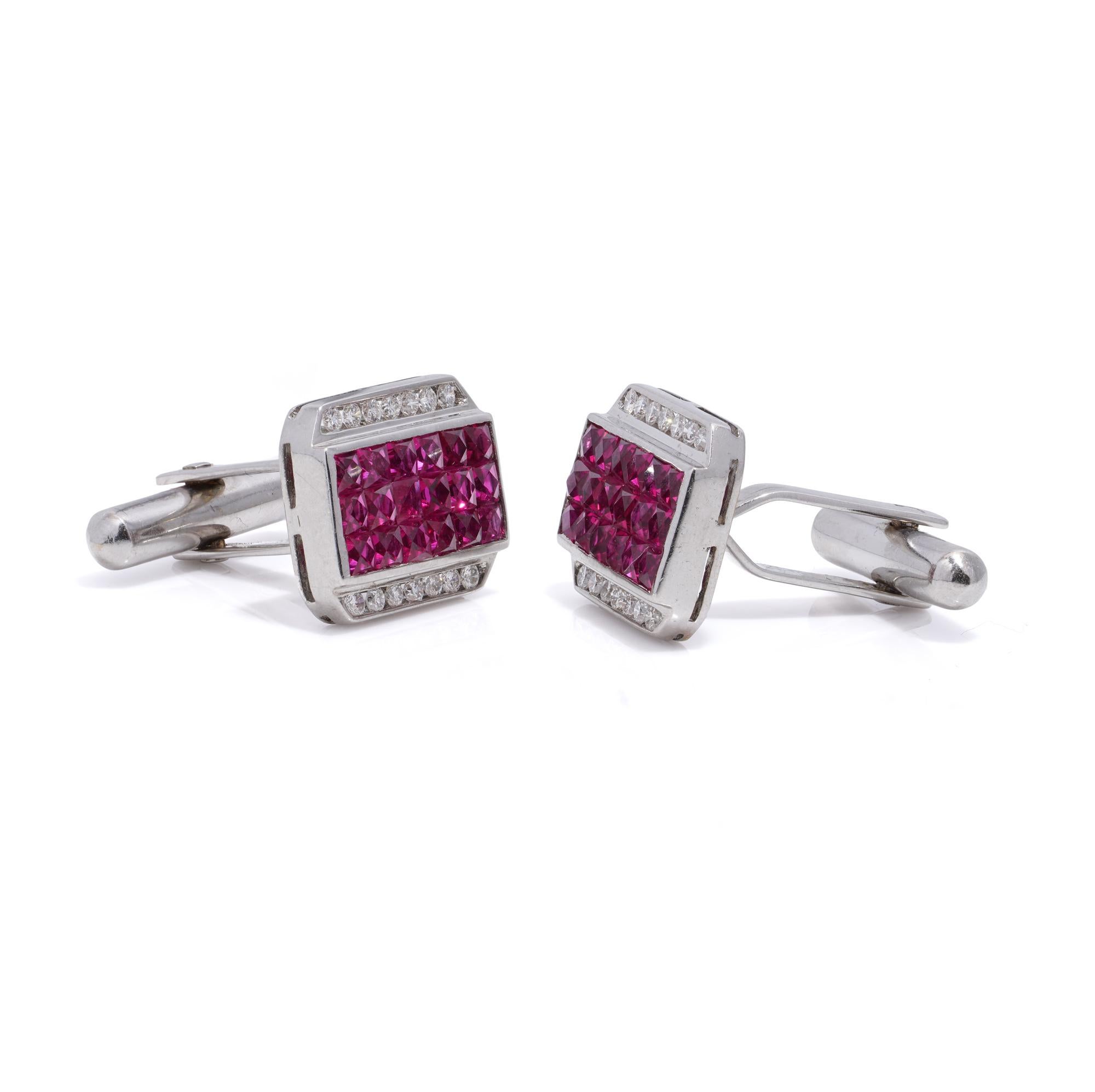 Elegant cufflinks crafted from 18kt white gold, adorned with French-cut rubies and diamonds. The rubies, arranged in central rows, are flanked above and below by glistening diamonds, creating a sophisticated and stylish accessory.

Dimensions -