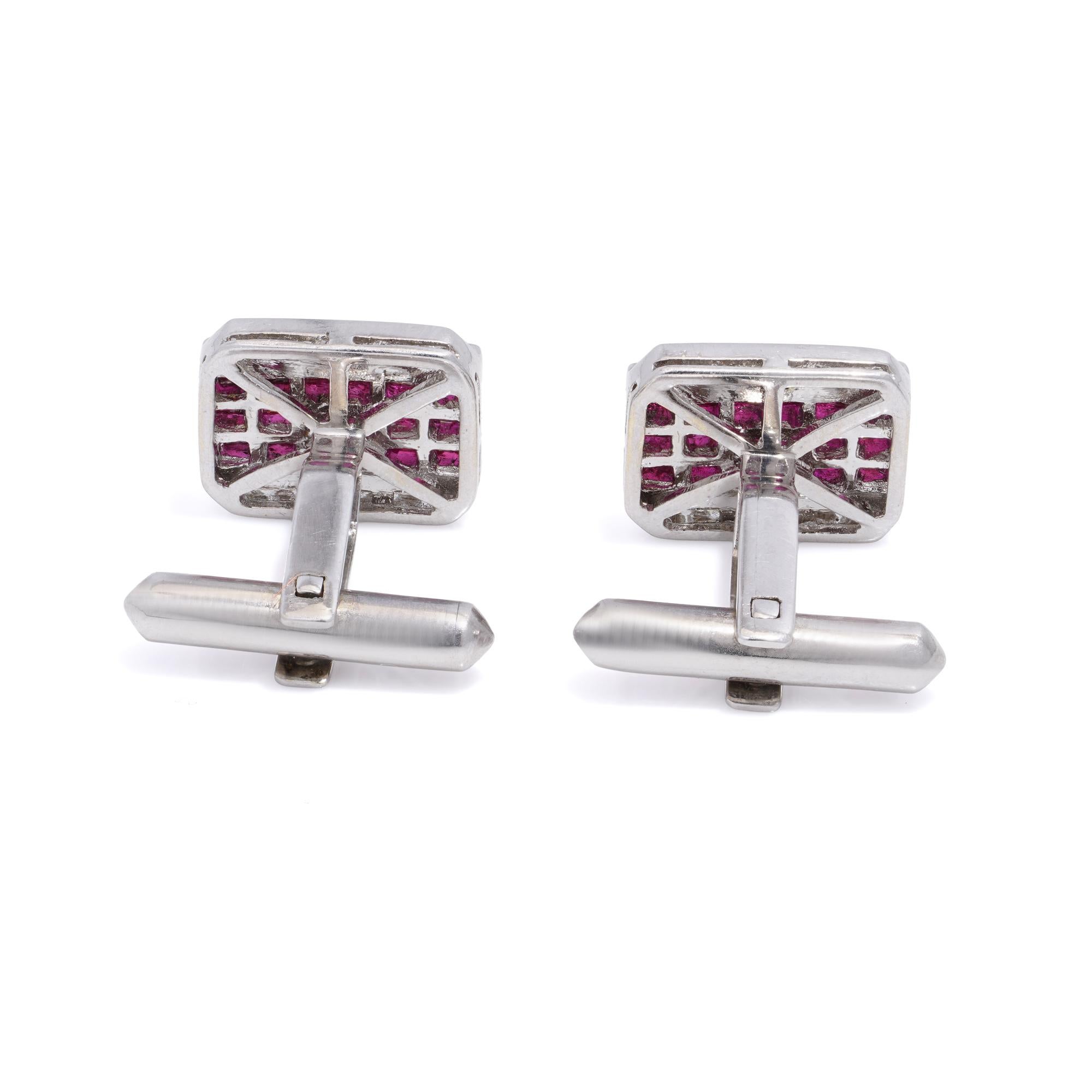 French Cut 18kt white gold pair of French - cut ruby and diamond cufflinks  For Sale