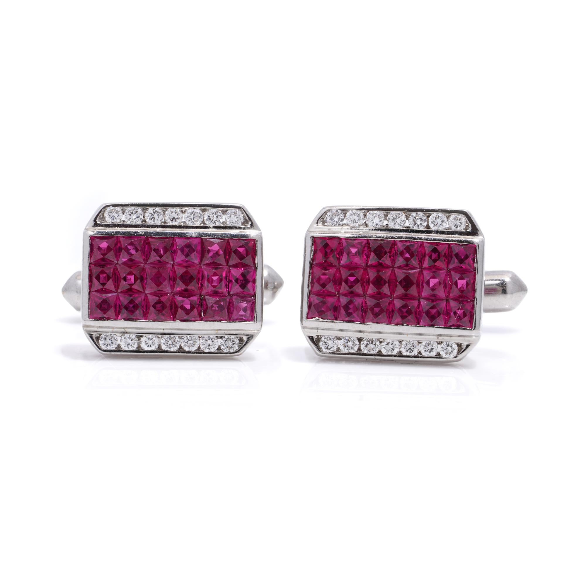 18kt white gold pair of French - cut ruby and diamond cufflinks  In Excellent Condition For Sale In Braintree, GB