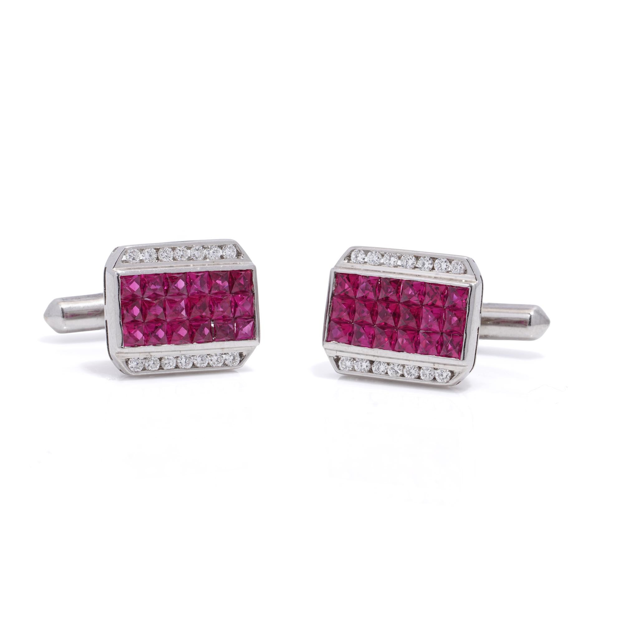18kt white gold pair of French - cut ruby and diamond cufflinks  For Sale