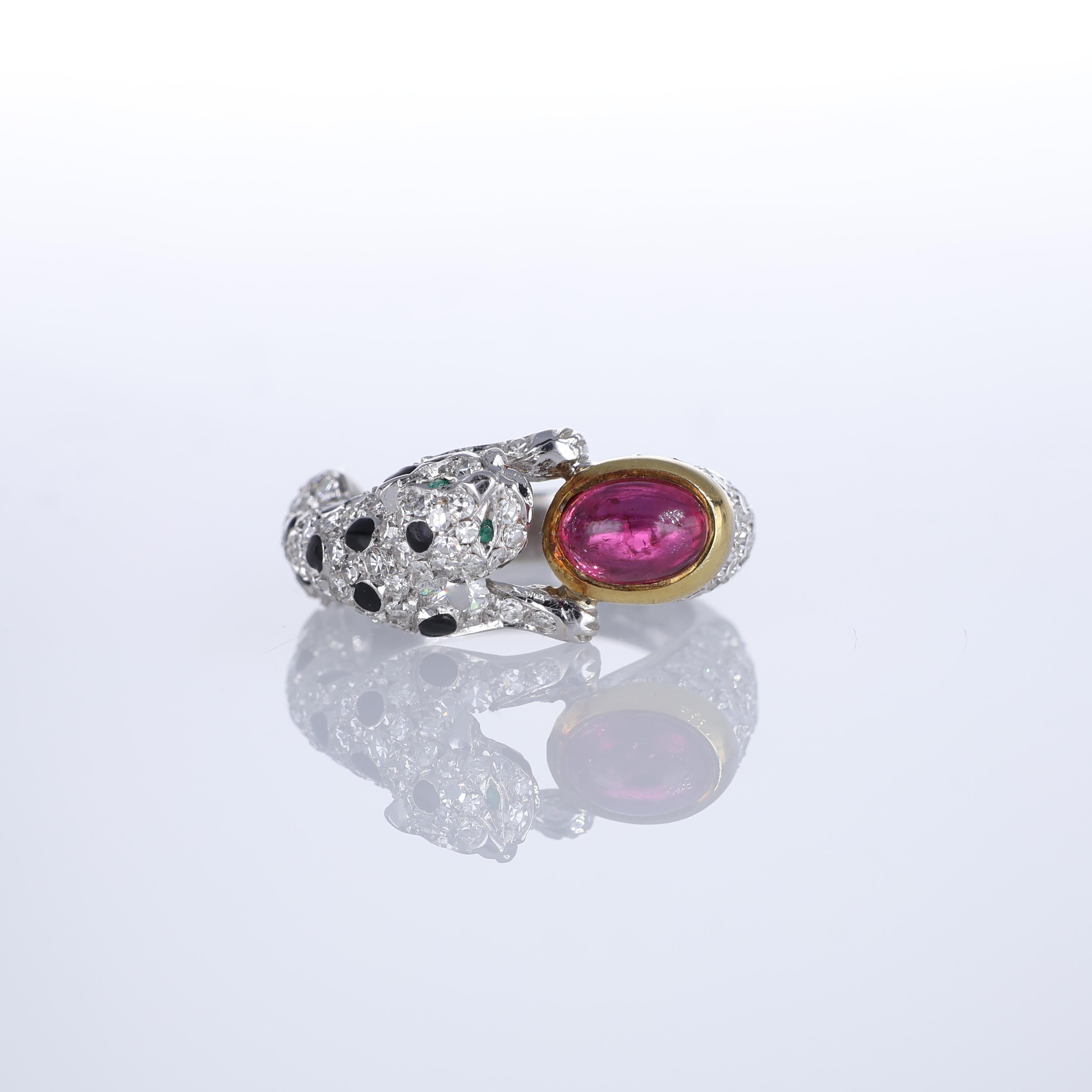 IMPORTANT NOTE:
✔ No additional costs will be added to this order.
✔ Shipping and customs duties are fully covered by us.
--------------------
This exquisite 18kt white gold band ring features a striking panther design adorned with sparkling