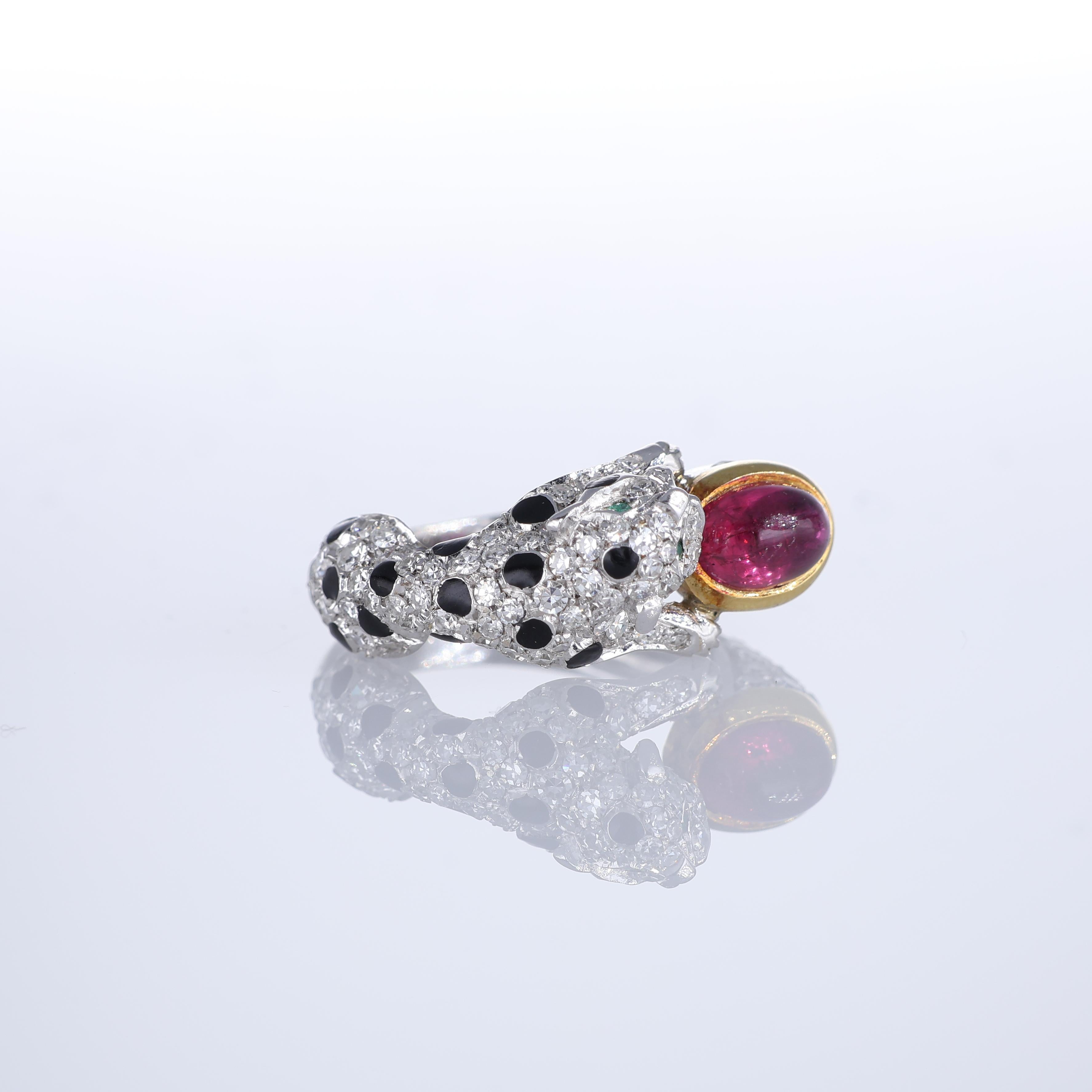 Brilliant Cut 18kt White Gold Panther Band Ring with Diamonds and Cabochon Ruby For Sale