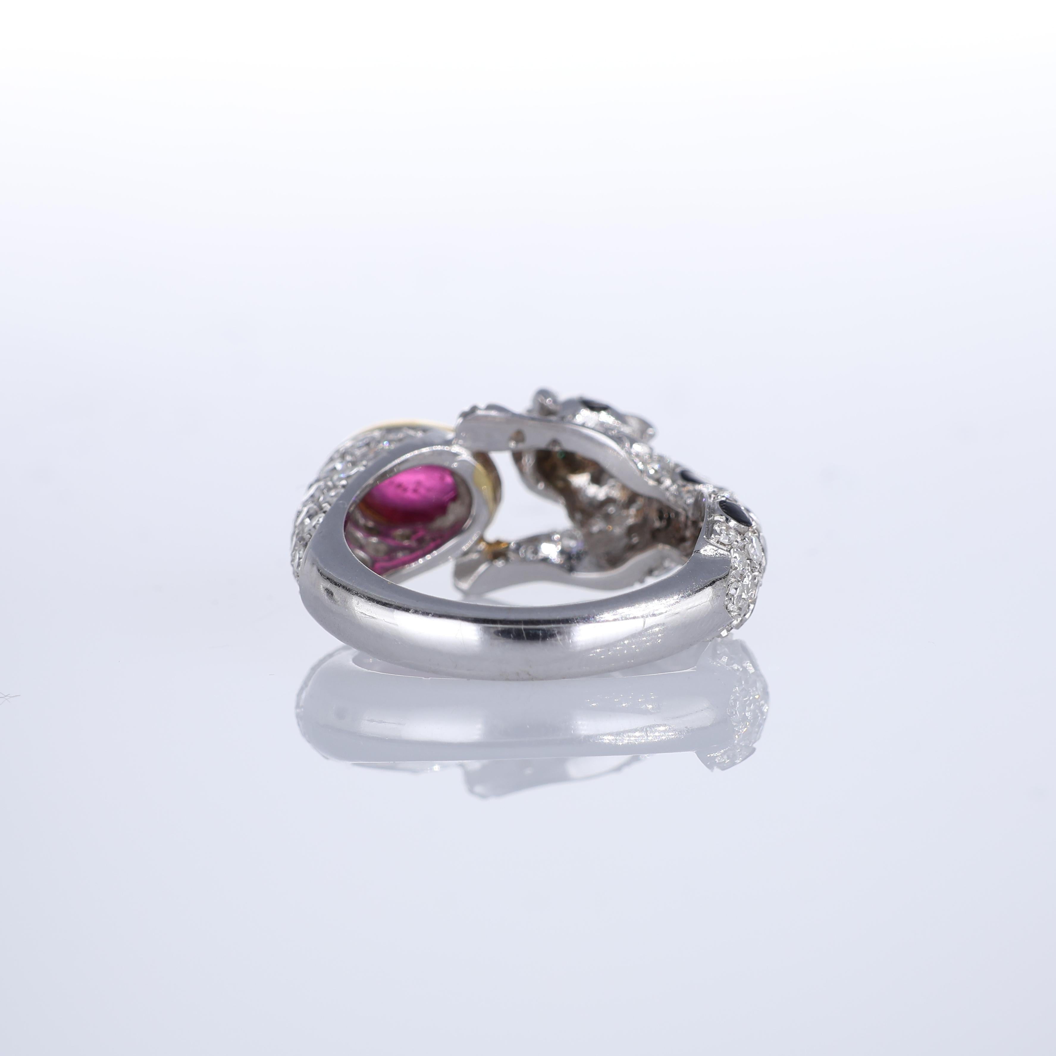 Women's or Men's 18kt White Gold Panther Band Ring with Diamonds and Cabochon Ruby For Sale