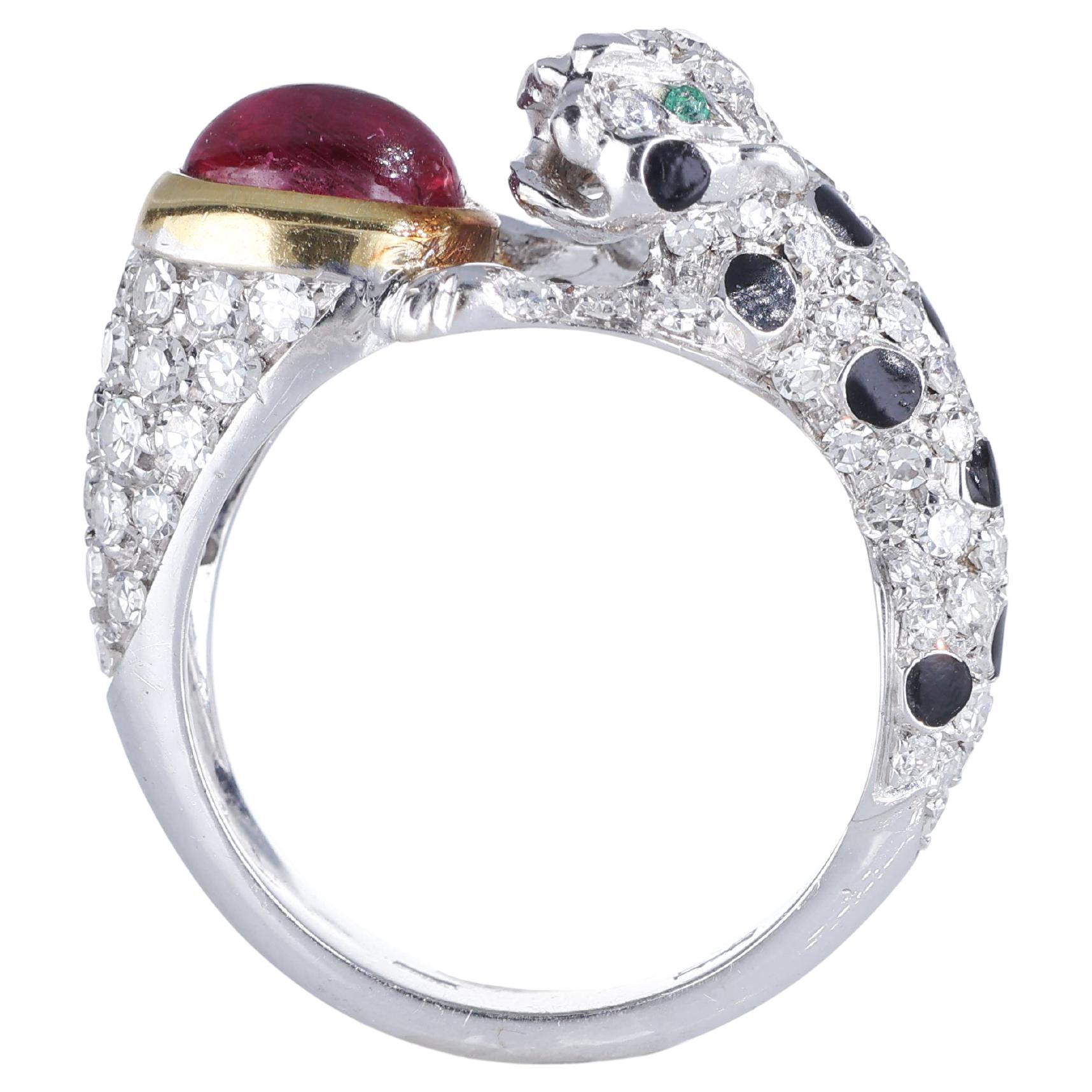 18kt White Gold Panther Band Ring with Diamonds and Cabochon Ruby