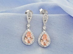 18KT White Gold Pear-Cut Morganite and Diamond 2.39 Cts Halo Dangle Earrings
