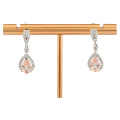 18KT White Gold Pear-Cut Morganite and Diamond 2.39 Cts Halo Dangle Earrings
