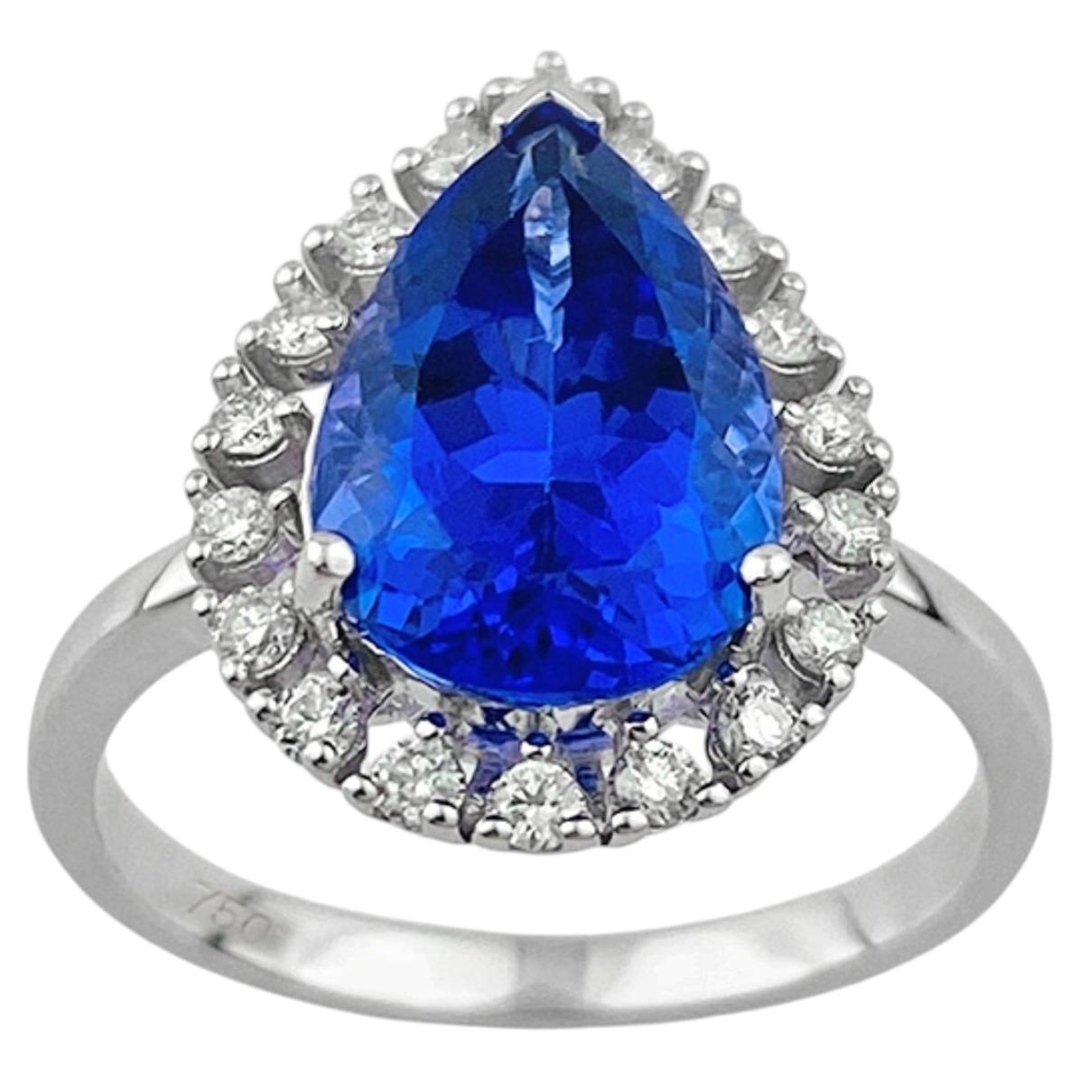 18KT White Gold Pear-Cut Tanzanite Diamond Halo Ring