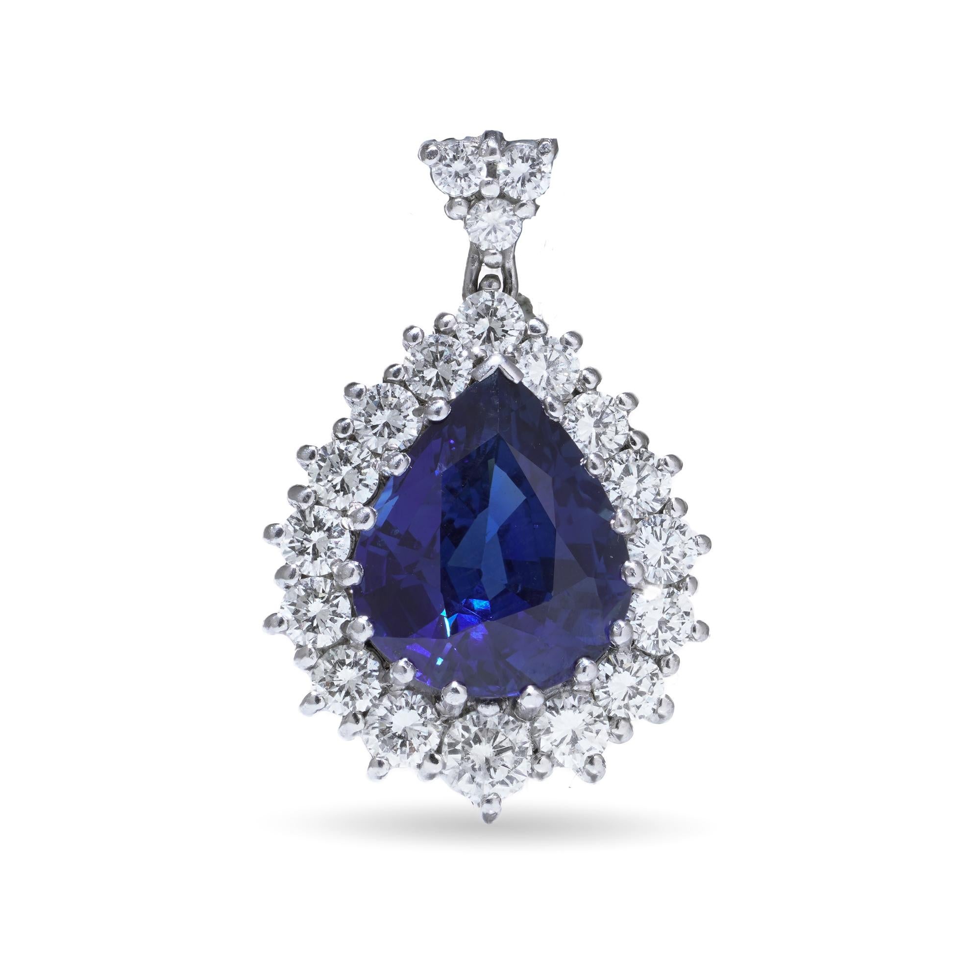 Pear Cut 18kt White Gold Pear-Shape Sapphire & Diamond Pendant For Sale