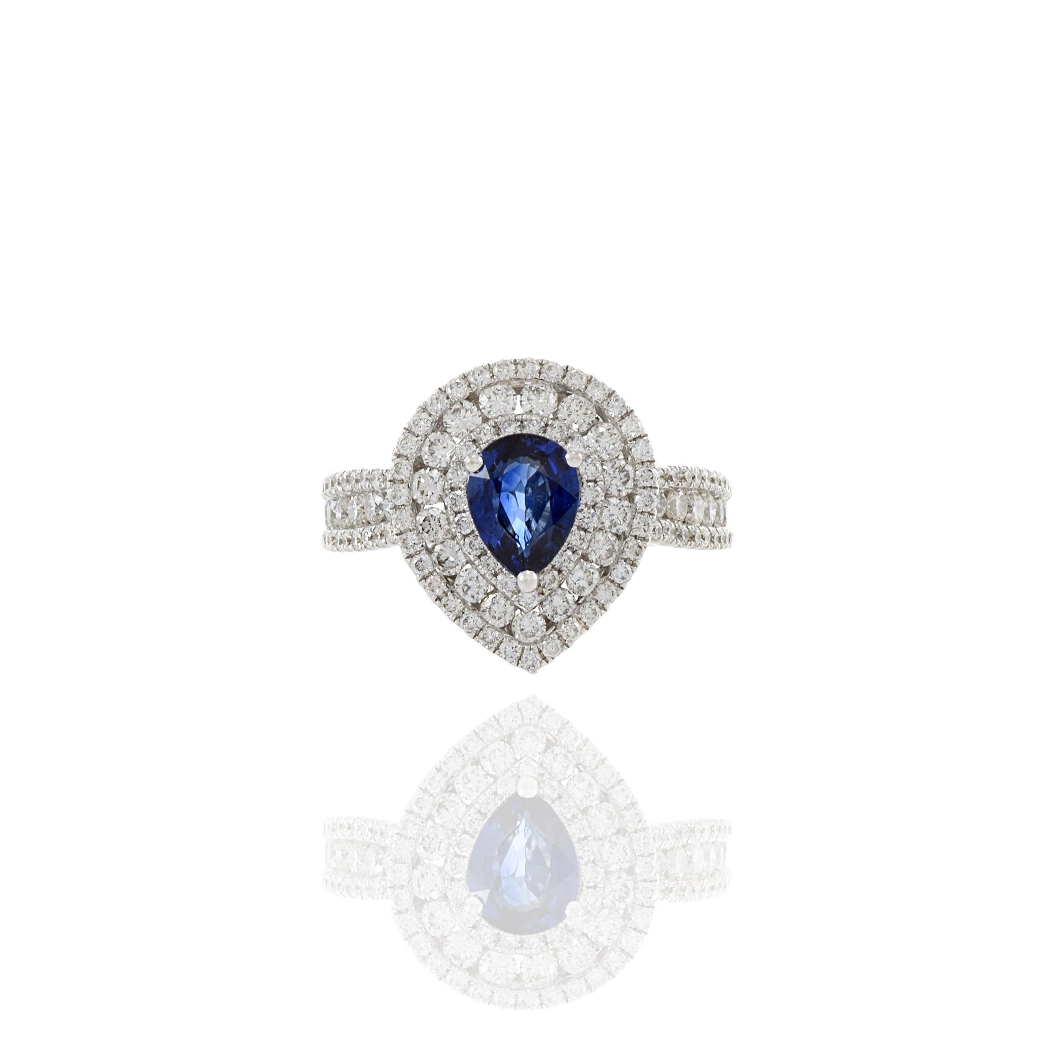 Modern 18KT White Gold Pear Shaped Blue Sapphire And Diamond Ring For Sale