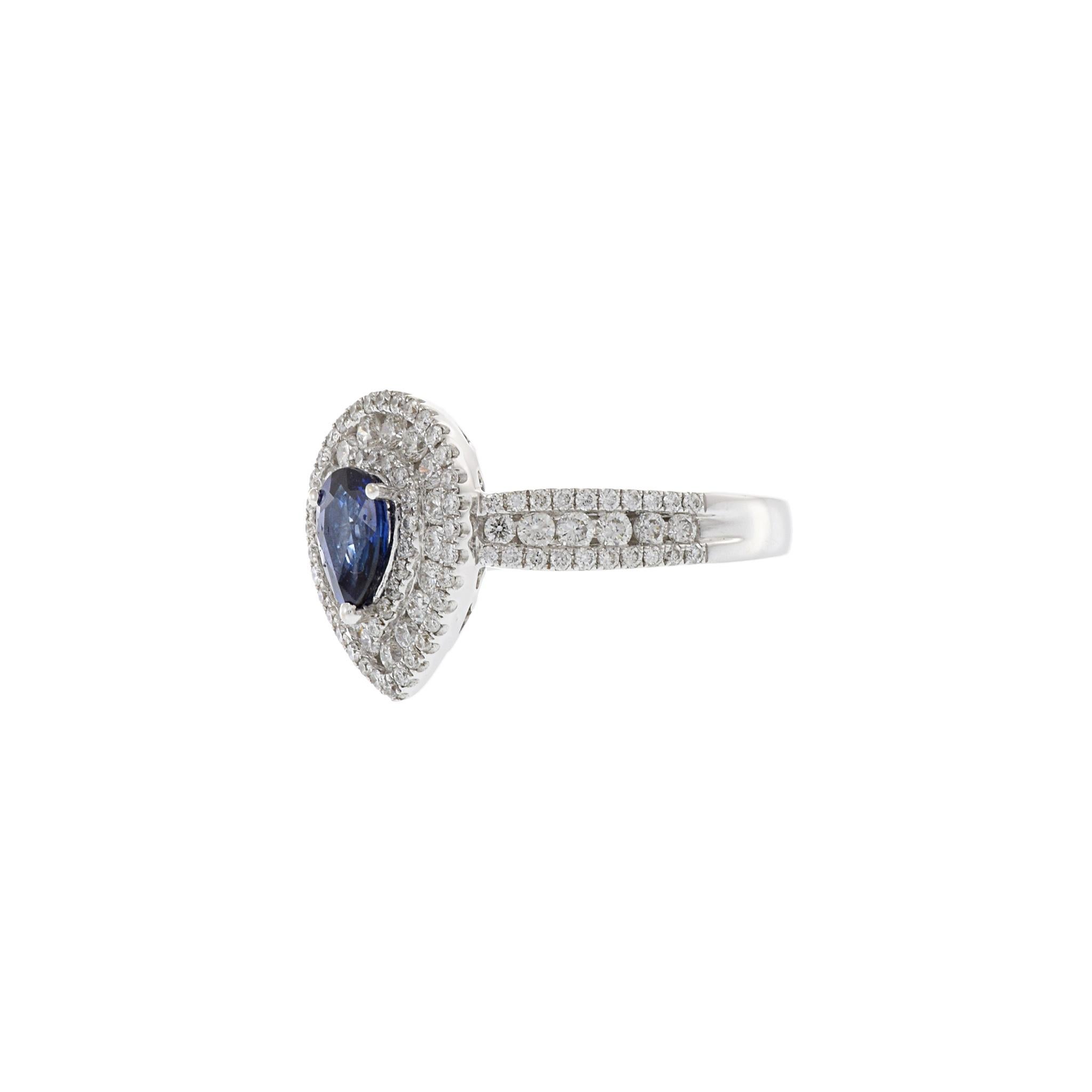 Pear Cut 18KT White Gold Pear Shaped Blue Sapphire And Diamond Ring For Sale