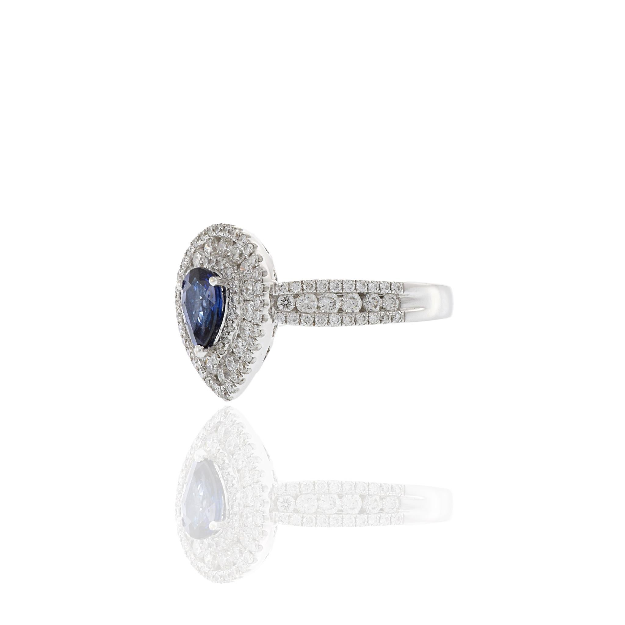 18KT White Gold Pear Shaped Blue Sapphire And Diamond Ring In Excellent Condition For Sale In New York, NY