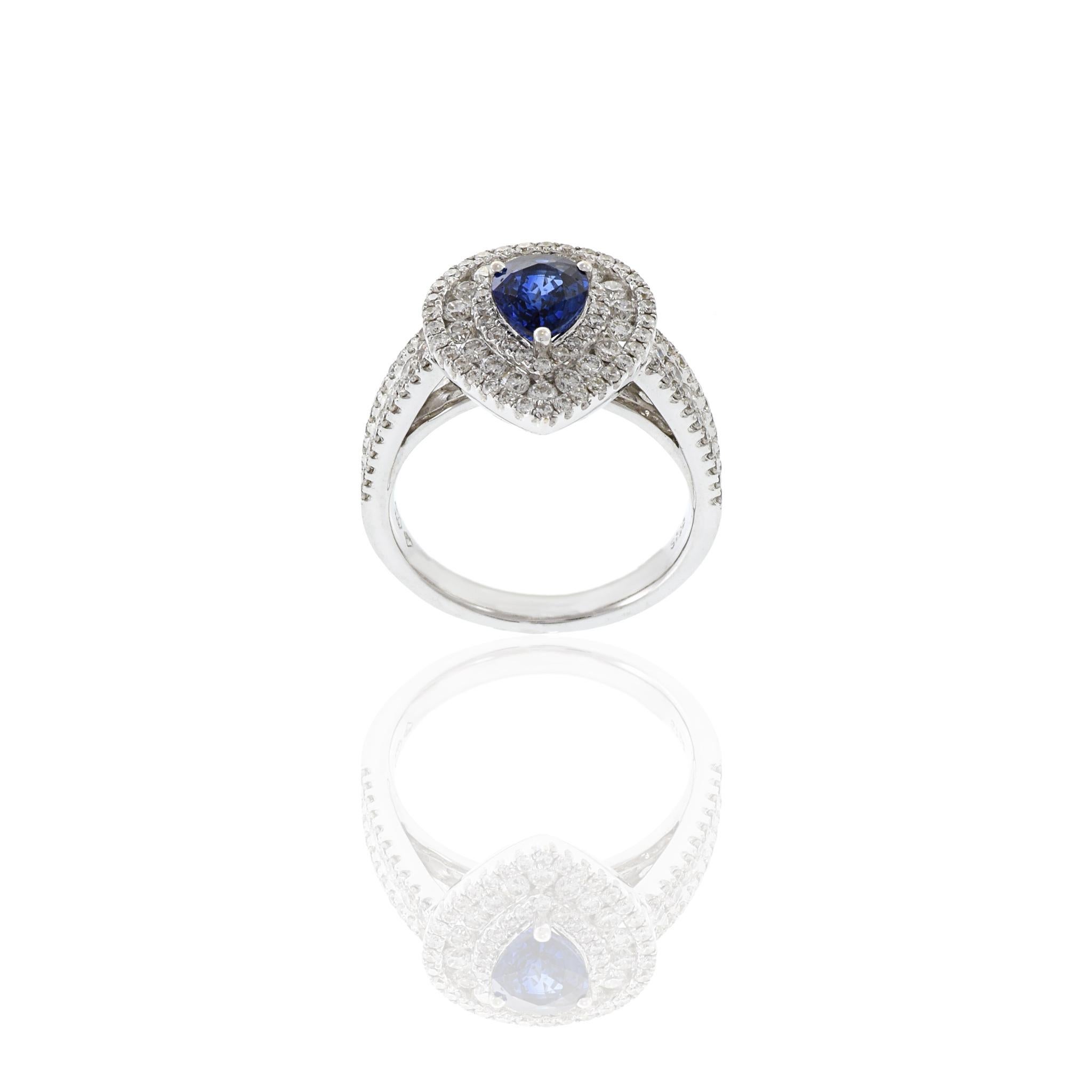 18KT White Gold Pear Shaped Blue Sapphire And Diamond Ring For Sale 2