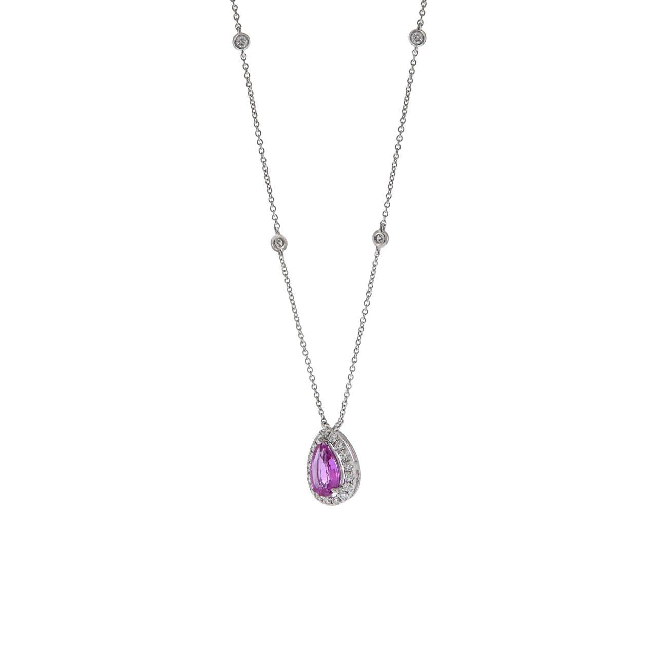 Moderne Collier en or blanc 18 carats avec saphir rose de Ceylan en forme de poire et diamants en vente