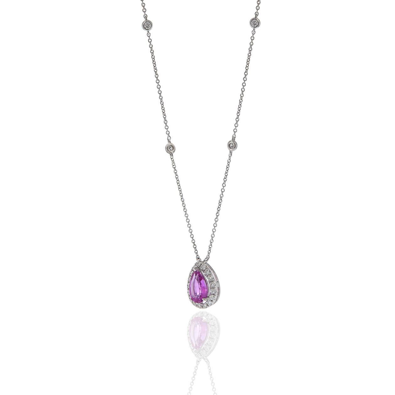 Taille poire Collier en or blanc 18 carats avec saphir rose de Ceylan en forme de poire et diamants en vente