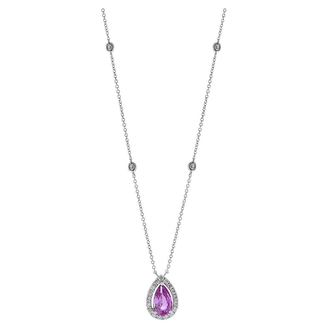 18KT White Gold Pear Shaped Ceylon Pink Sapphire Diamond Necklace