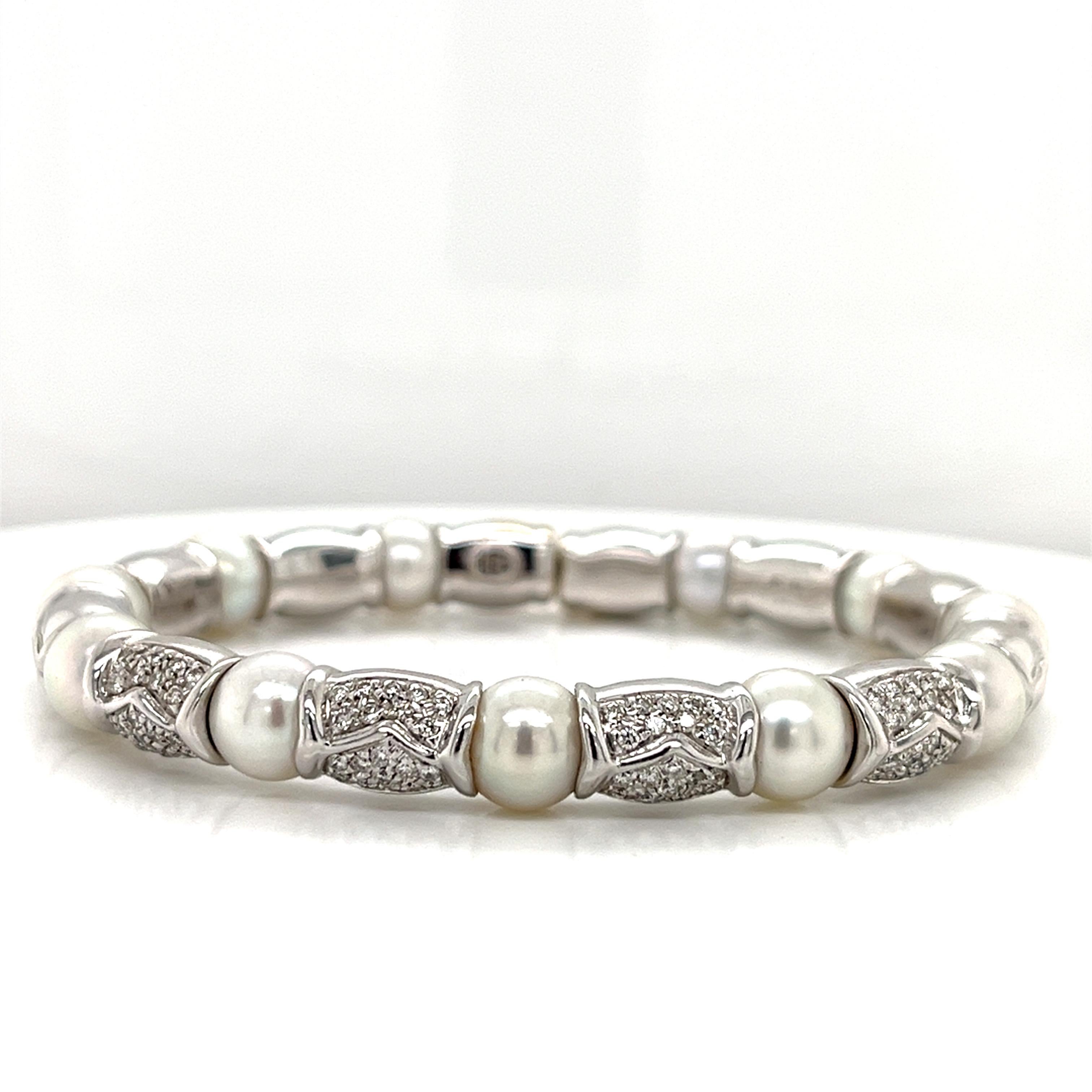 Bracelet jonc en or blanc 18 carats avec perles et diamants Unisexe en vente