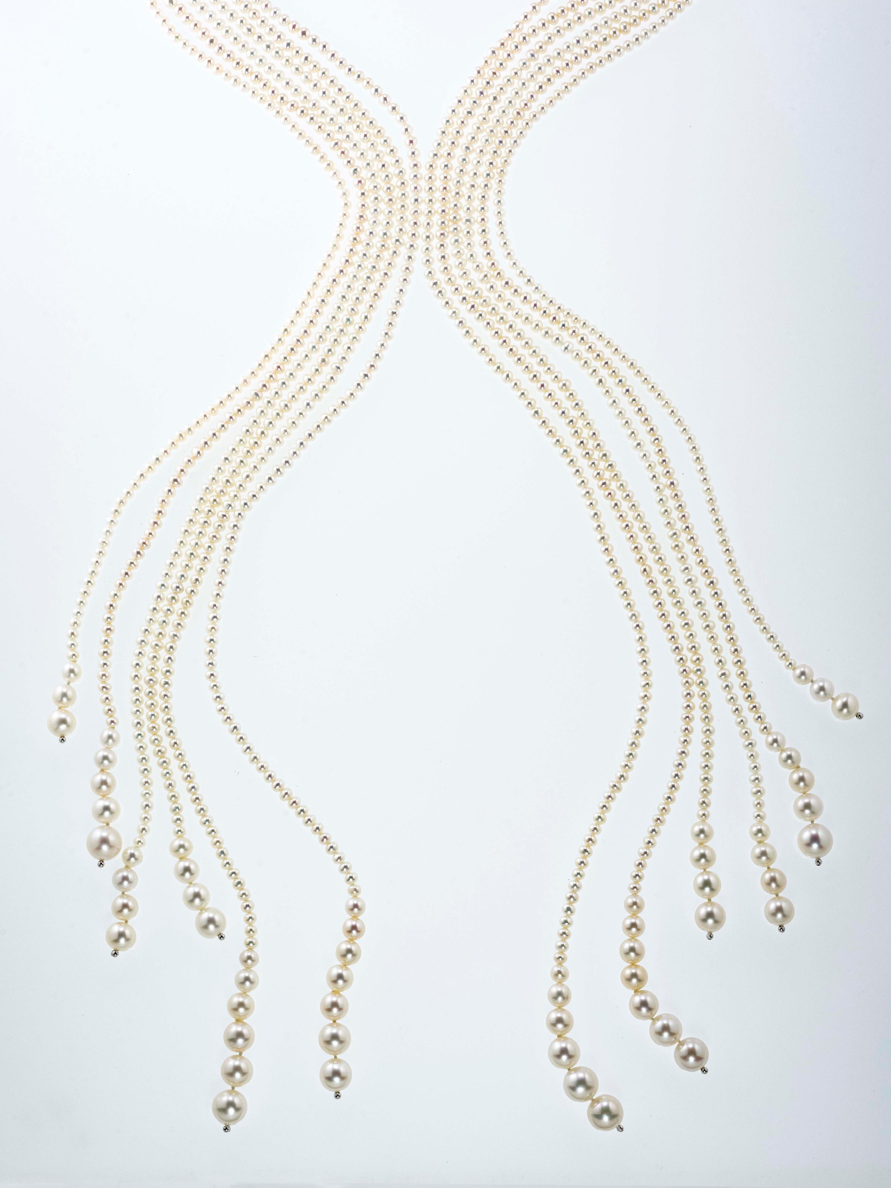 Charming and elegant sautoir entirely made of pearls and finished in 18 Kt whitw gold.
Each of the six strings is composed of pearls in several measures, from smaller ( diameter mm 3,50 ) to larger ( diameter mm 11,50 )and in different lengths, from