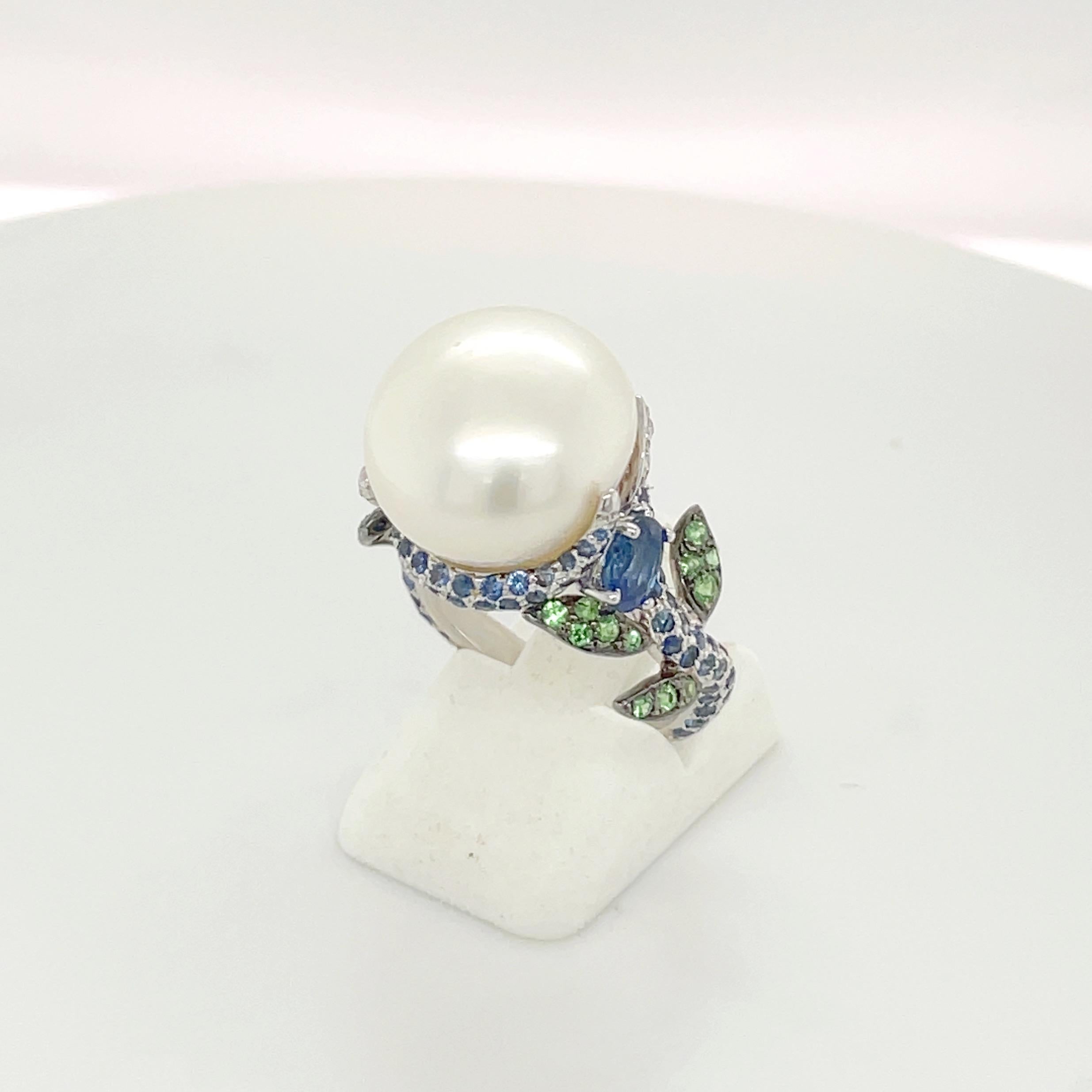 Women's or Men's 18 Karat White Gold Pearl, Diamond, 2.08 Carat Blue Sapphire and Tsavorite Ring For Sale