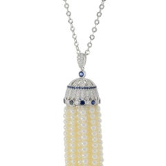 18KT White Gold Pearl, Diamond, and Sapphire Tassel Drop Necklace