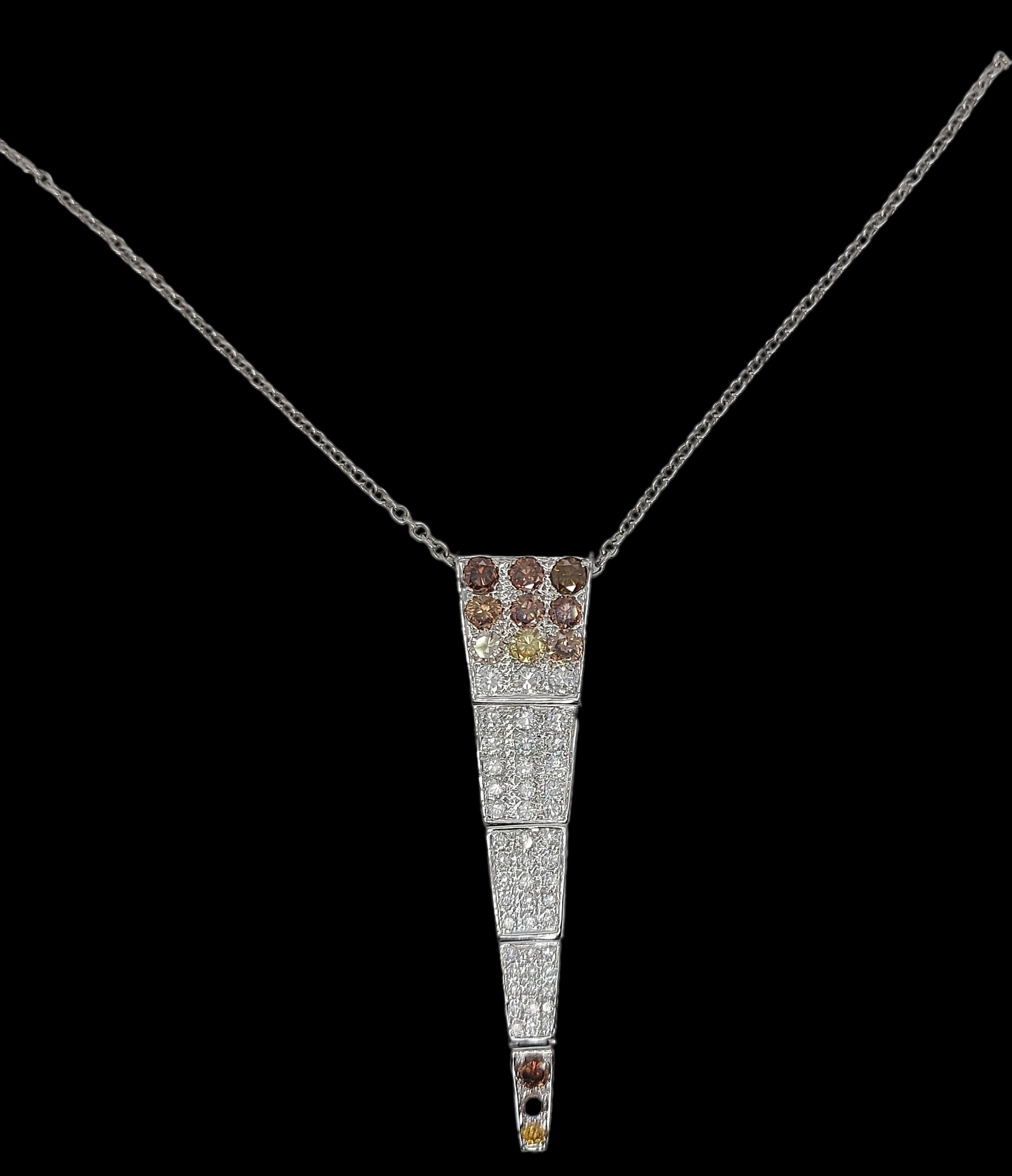 18kt White Gold Pendant and Necklace with 4.9ct White, Yellow and Cognac Diamond For Sale 6