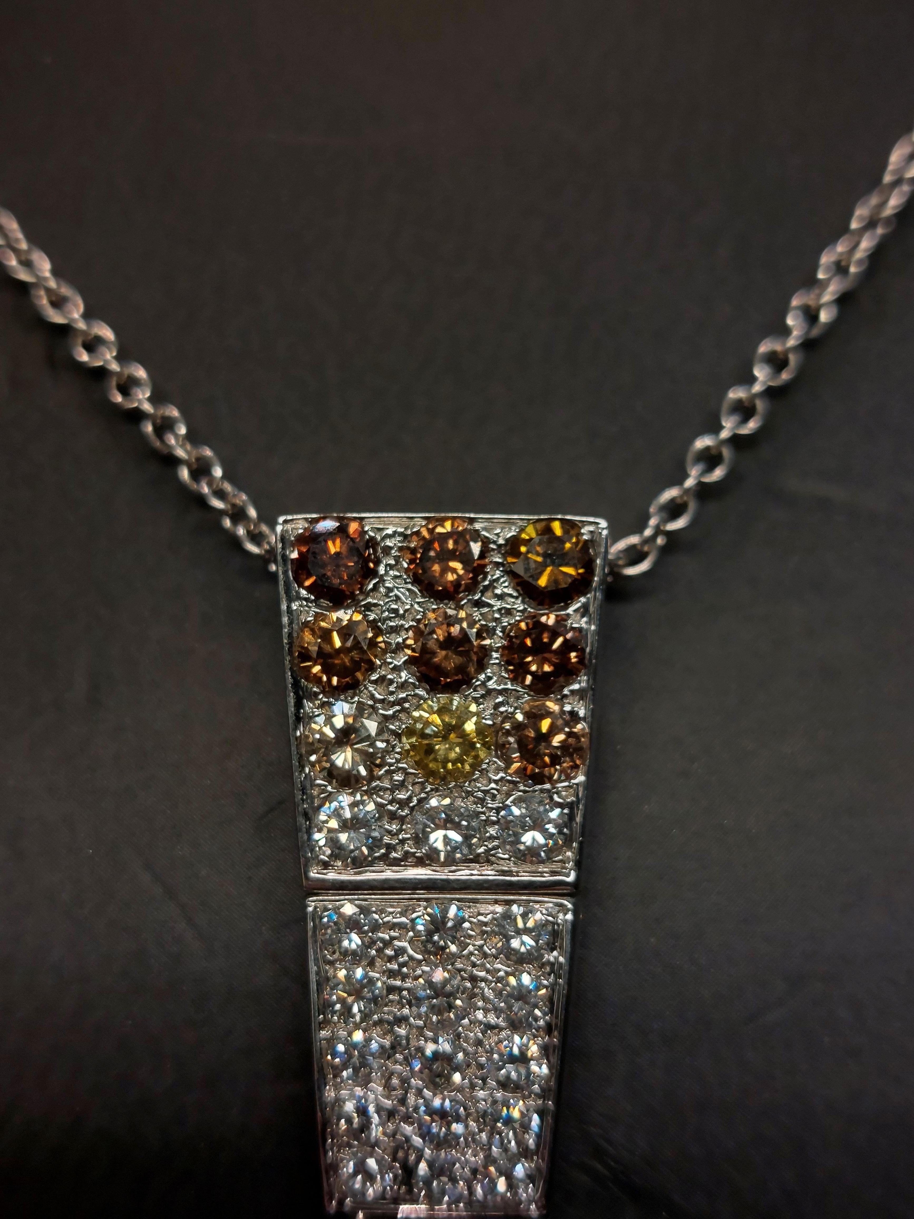 18kt White Gold Pendant and Necklace with 4.9ct White, Yellow and Cognac Diamond For Sale 8
