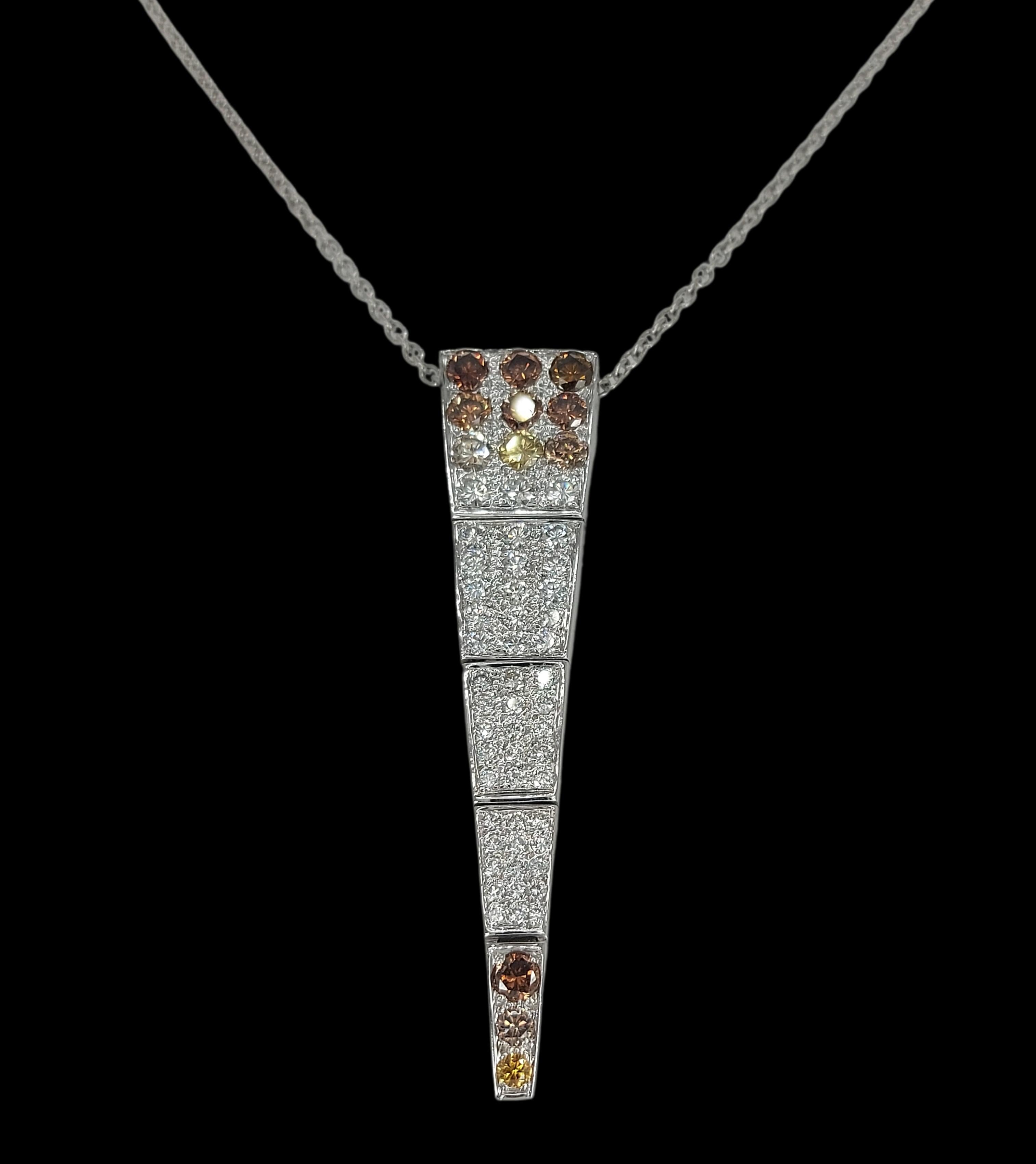 Artisan 18kt White Gold Pendant and Necklace with 4.9ct White, Yellow and Cognac Diamond For Sale