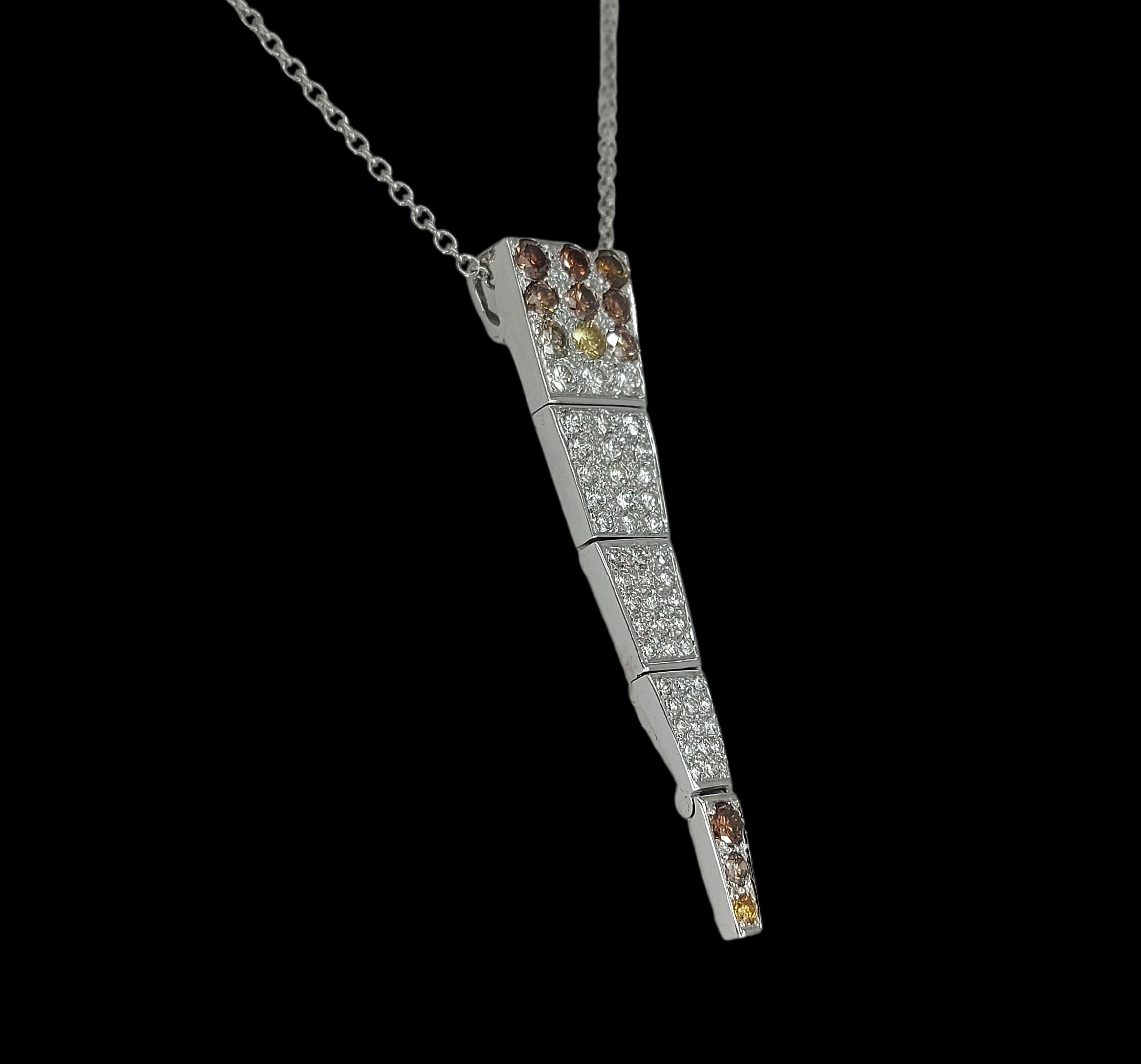 Brilliant Cut 18kt White Gold Pendant and Necklace with 4.9ct White, Yellow and Cognac Diamond For Sale