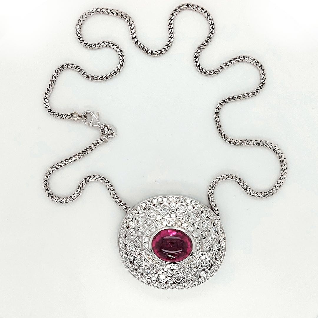 18Kt White Gold Pendant Necklace with 7.72 Ct. Pink Tourmaline, 5 Carat Diamonds For Sale 1