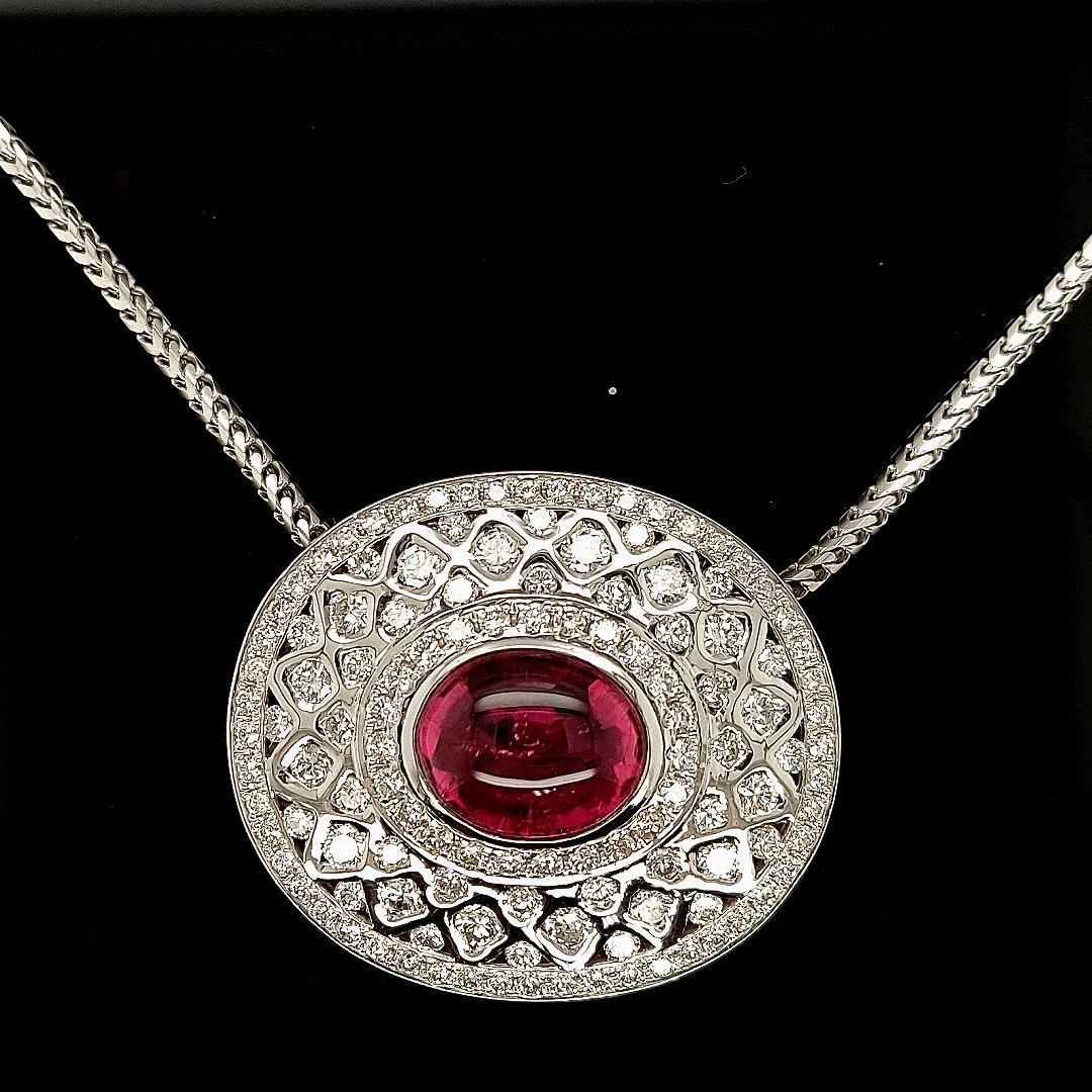 18Kt White Gold Pendant Necklace with 7.72 Ct. Pink Tourmaline, 5 Carat Diamonds For Sale 3