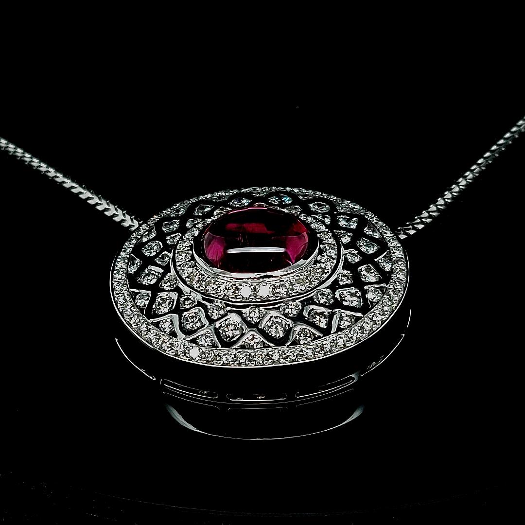 18Kt White Gold Pendant Necklace with 7.72 Ct. Pink Tourmaline, 5 Carat Diamonds For Sale 4