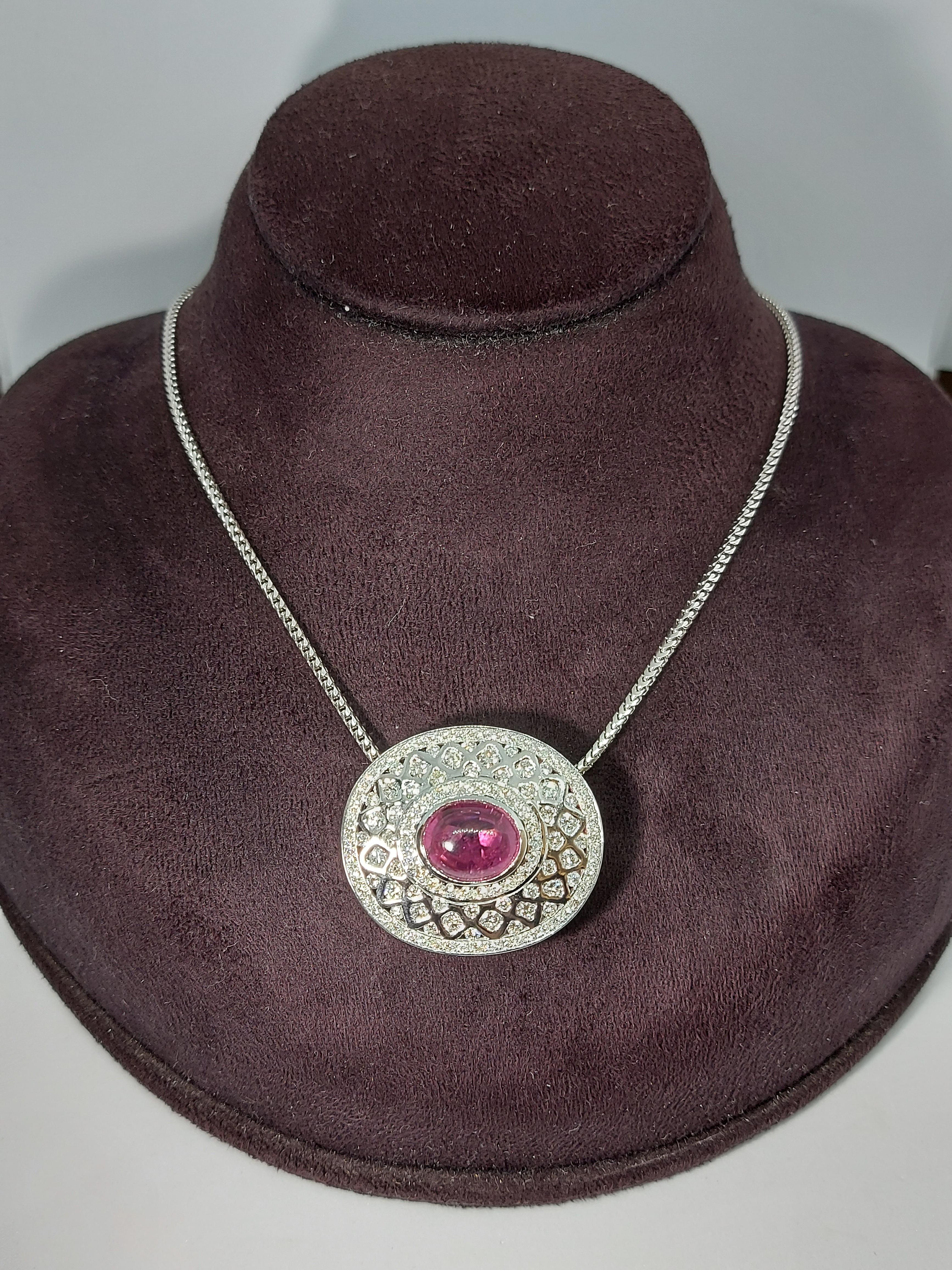 18Kt White Gold Pendant Necklace with 7.72 Ct. Pink Tourmaline, 5 Carat Diamonds For Sale 5