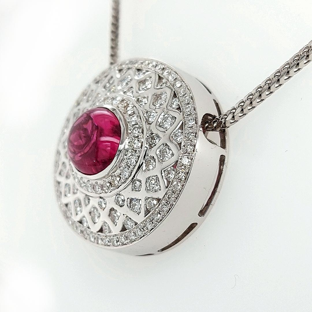 Artist 18Kt White Gold Pendant Necklace with 7.72 Ct. Pink Tourmaline, 5 Carat Diamonds For Sale