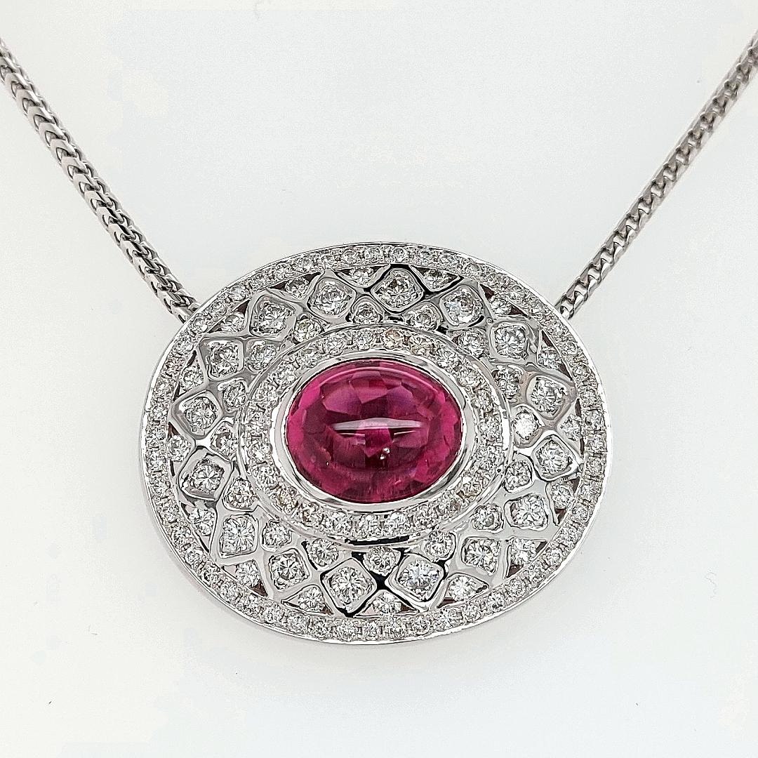 Cabochon 18Kt White Gold Pendant Necklace with 7.72 Ct. Pink Tourmaline, 5 Carat Diamonds For Sale