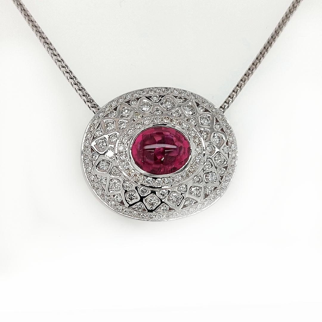 Women's or Men's 18Kt White Gold Pendant Necklace with 7.72 Ct. Pink Tourmaline, 5 Carat Diamonds For Sale