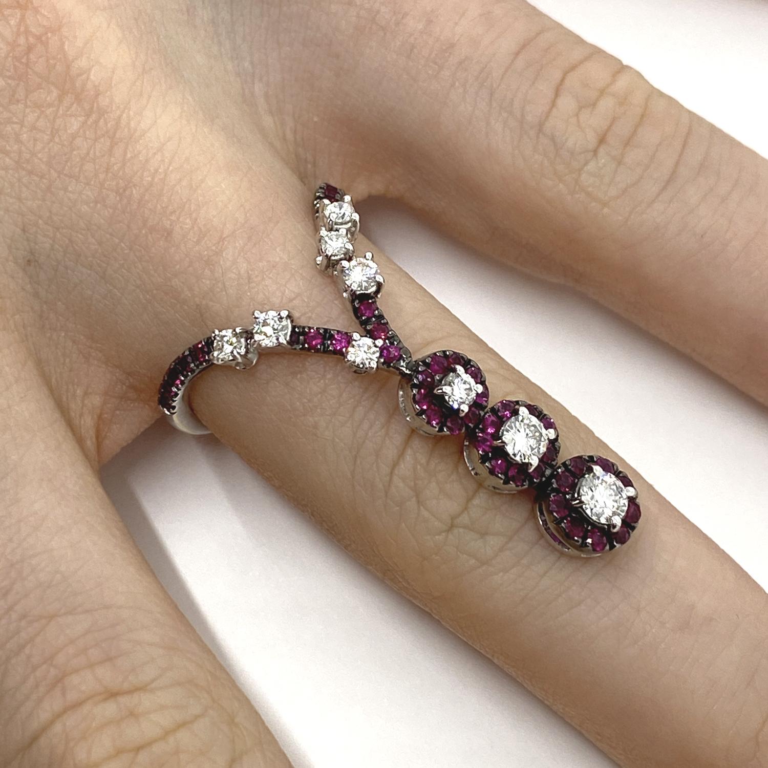 Ring made of 18kt white gold with natural brilliant-cut diamonds for ct.0.58 and natural rubies for ct.0.67

Welcome to our jewelry collection, where every piece tells a story of timeless elegance and unparalleled craftsmanship. As a family-run