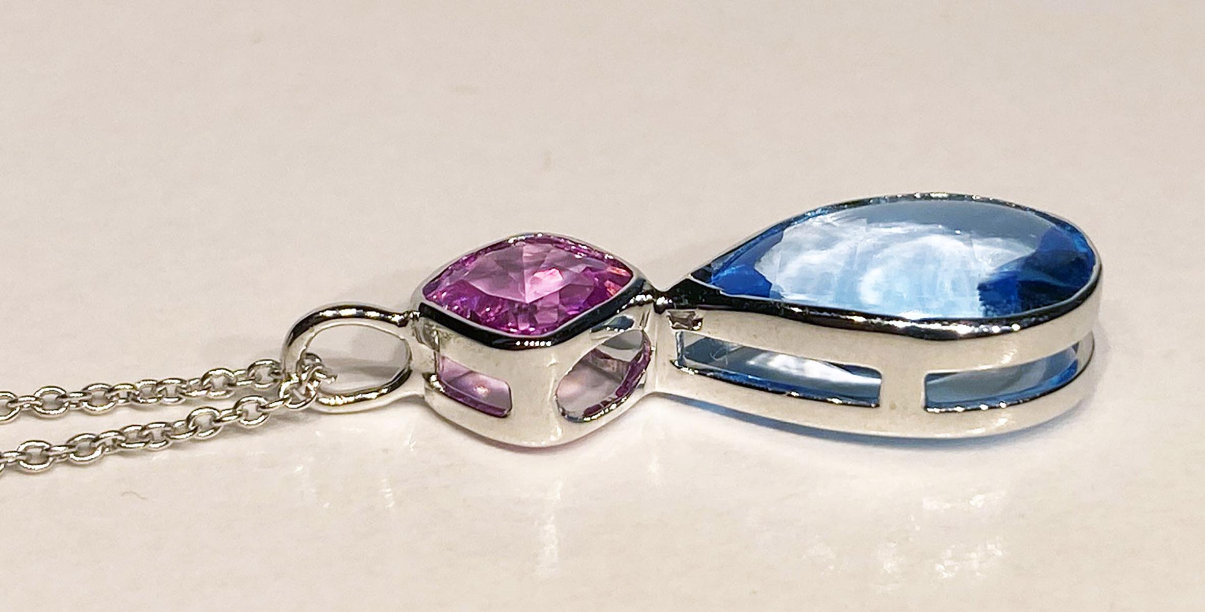 Women's or Men's 18kt White Gold Pendant Set with Blue Topaz & Pink Sapphire For Sale