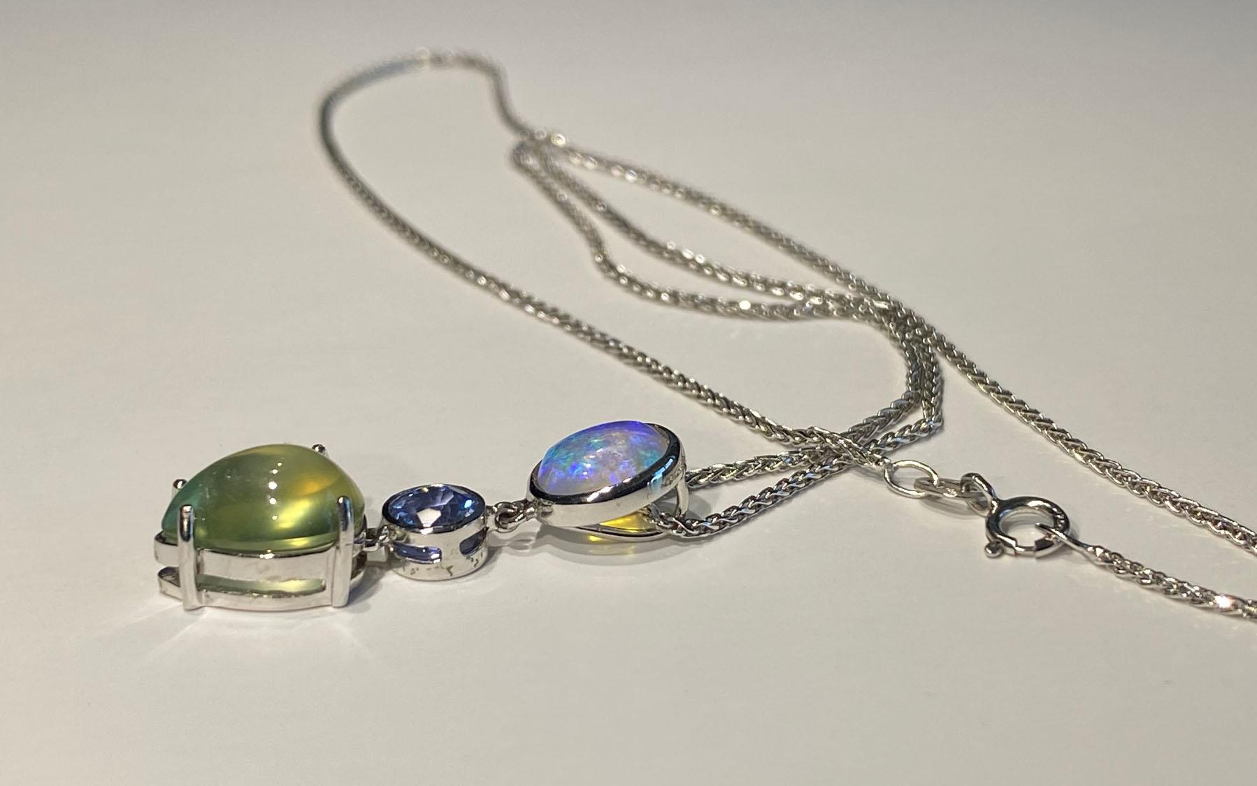 18kt White Gold Pendant with Opal, Sapphire & Phrenite For Sale 6