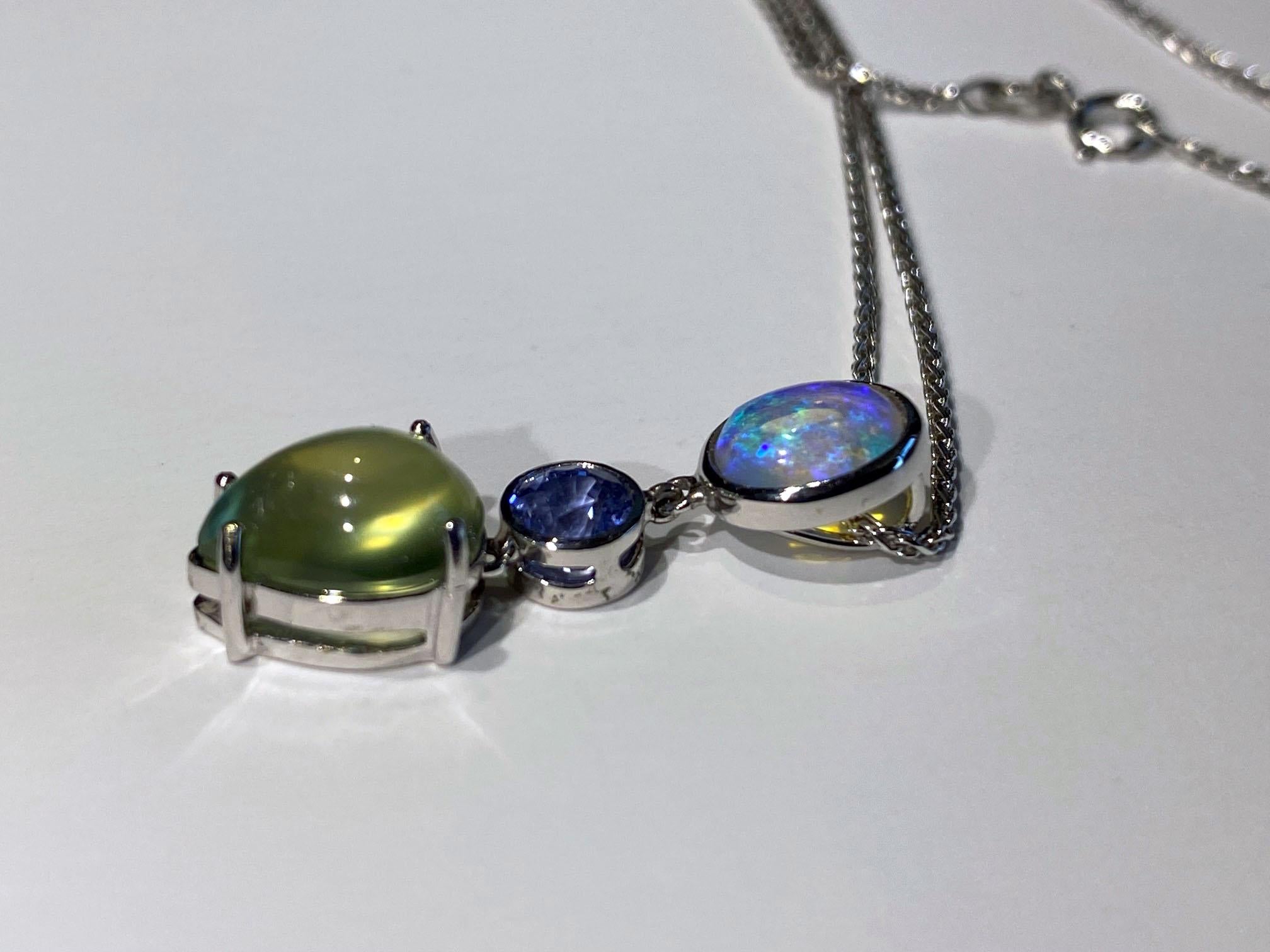 18kt White Gold Pendant with Opal, Sapphire & Phrenite For Sale 7