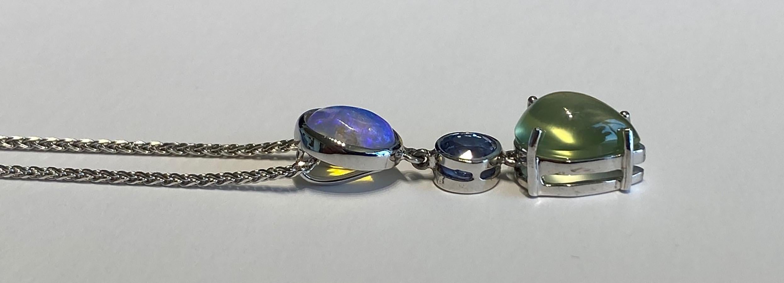 Kary Adam Designed, 18kt White Gold Pendant with Opal, Sapphire & Phrenite on an 18kt White Gold Chain of 18