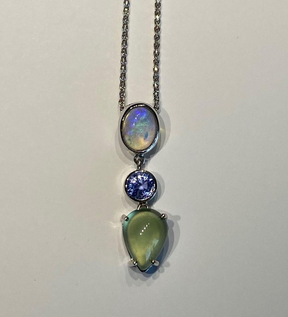 Contemporary 18kt White Gold Pendant with Opal, Sapphire & Phrenite For Sale