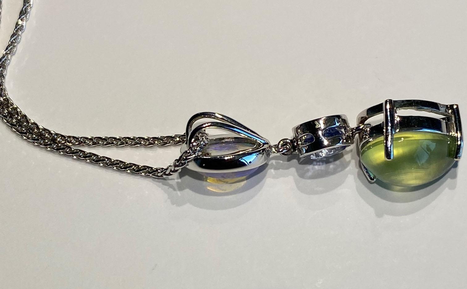 Cabochon 18kt White Gold Pendant with Opal, Sapphire & Phrenite For Sale