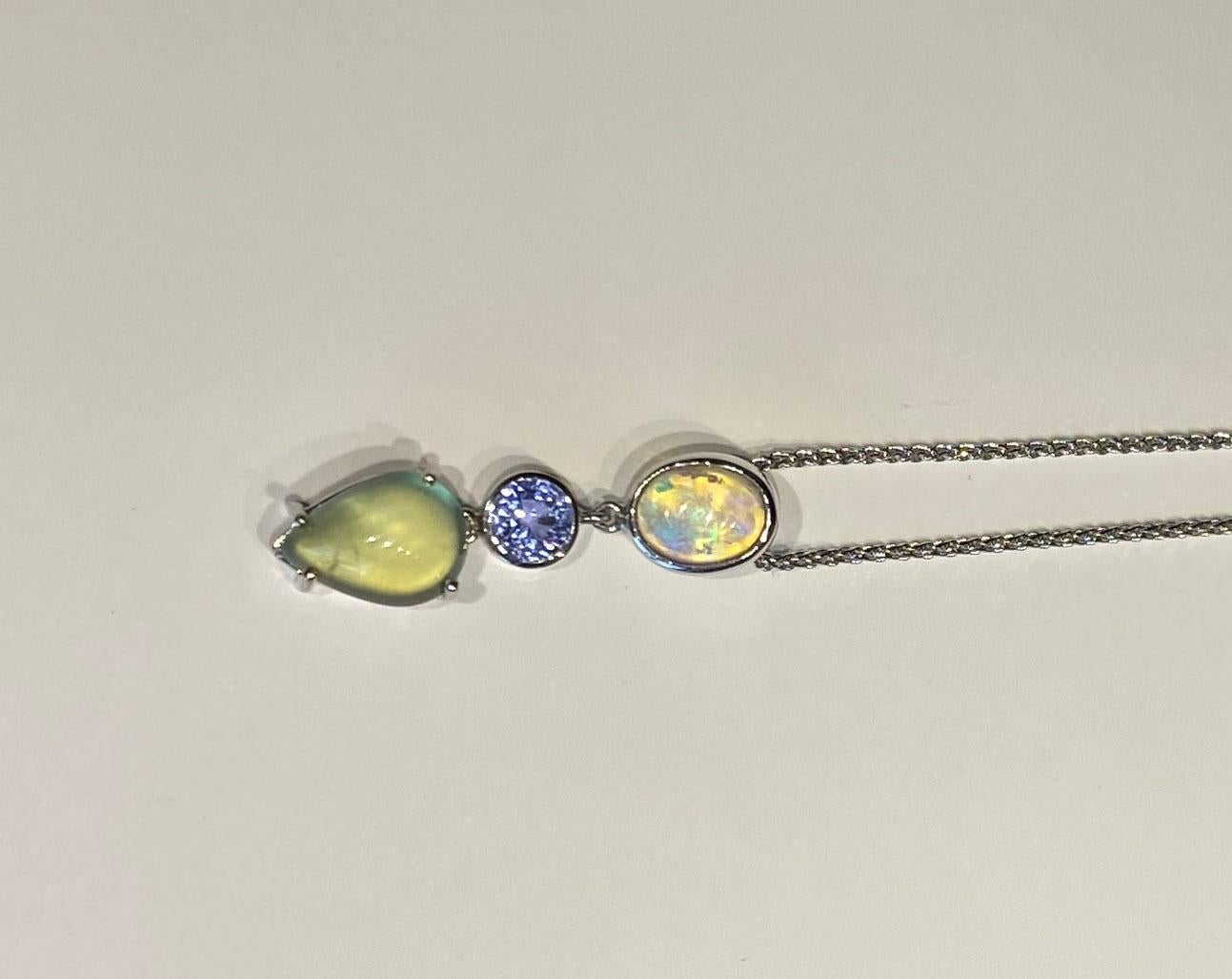 18kt White Gold Pendant with Opal, Sapphire & Phrenite In New Condition For Sale In Seattle, WA