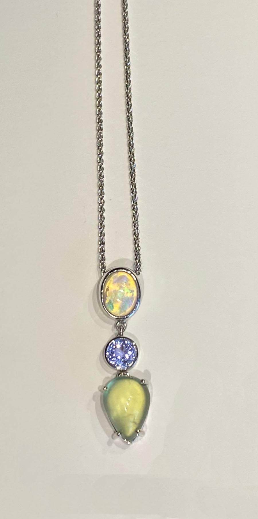 Women's or Men's 18kt White Gold Pendant with Opal, Sapphire & Phrenite For Sale