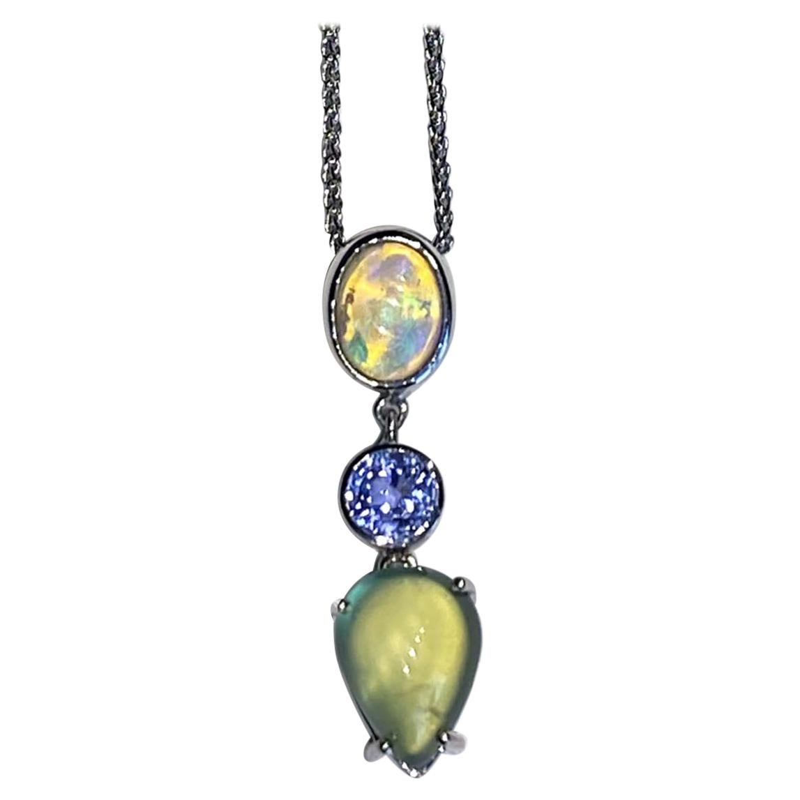 18kt White Gold Pendant with Opal, Sapphire & Phrenite For Sale